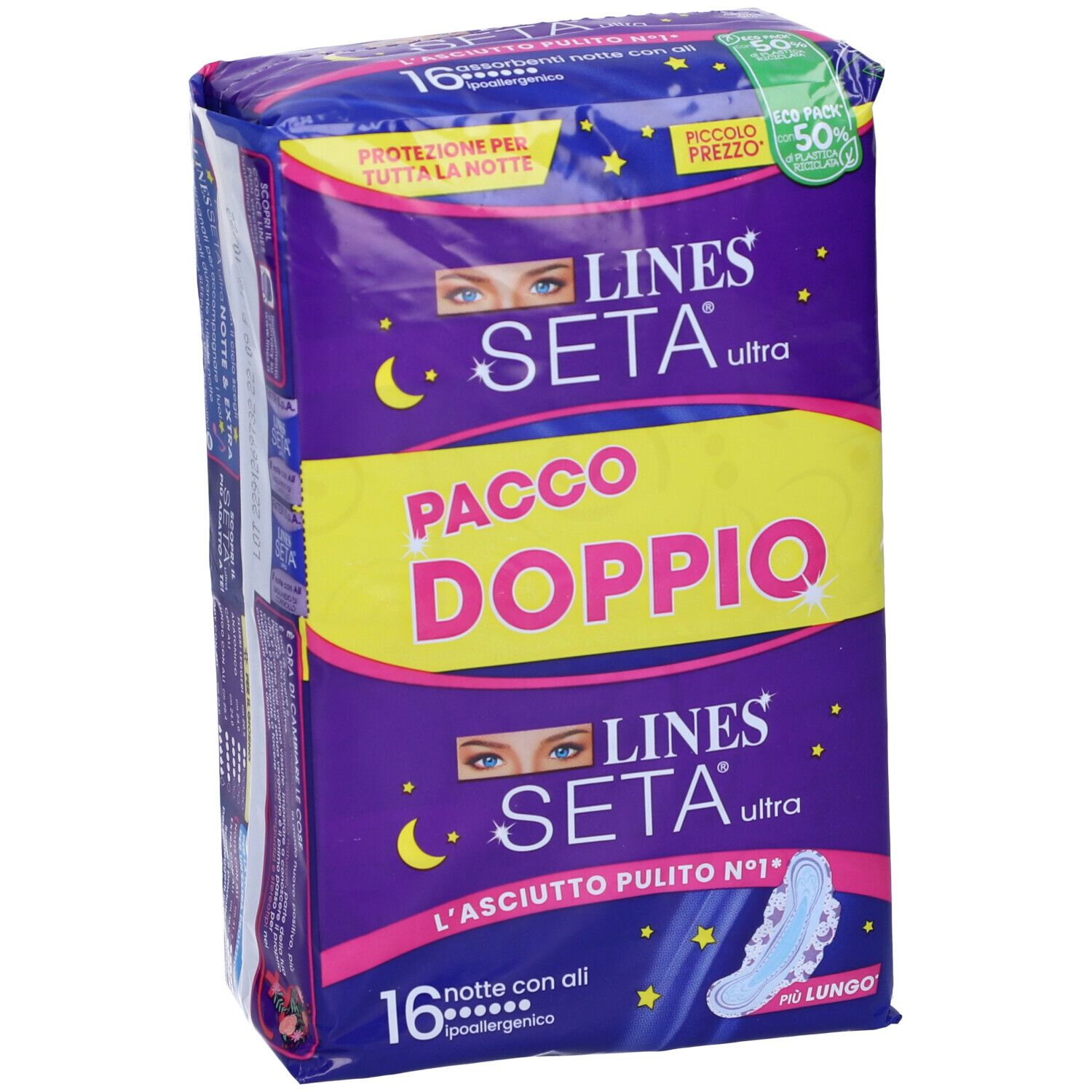 Verpackung mit Damenbinden. Lila-gelbes Design mit Produktnamen und Merkmalen. 16 Stück, mit Flügeln.