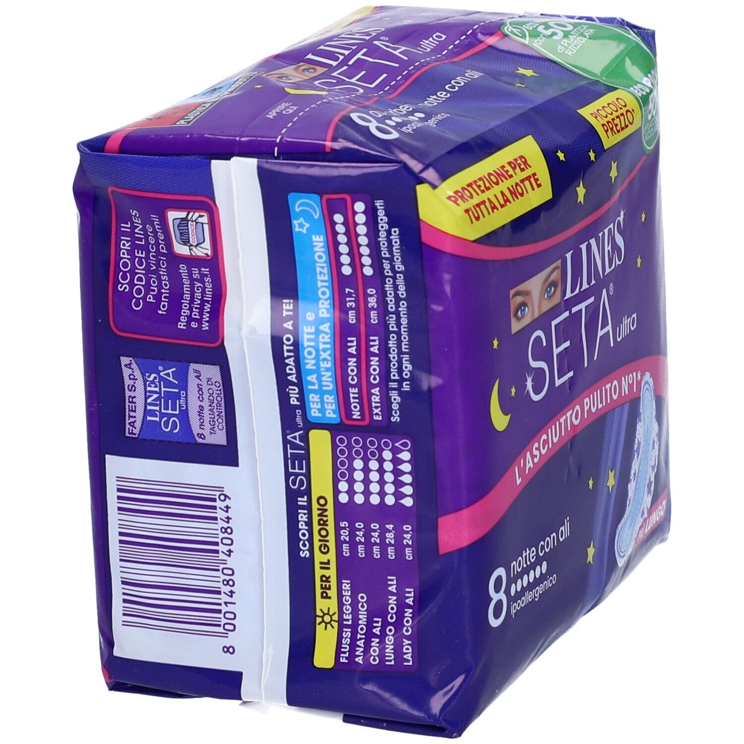 Verpackung mit 8 Damenbinden. Seitenansicht der Verpackung mit Produktinformationen und Barcode. Für die Nacht.