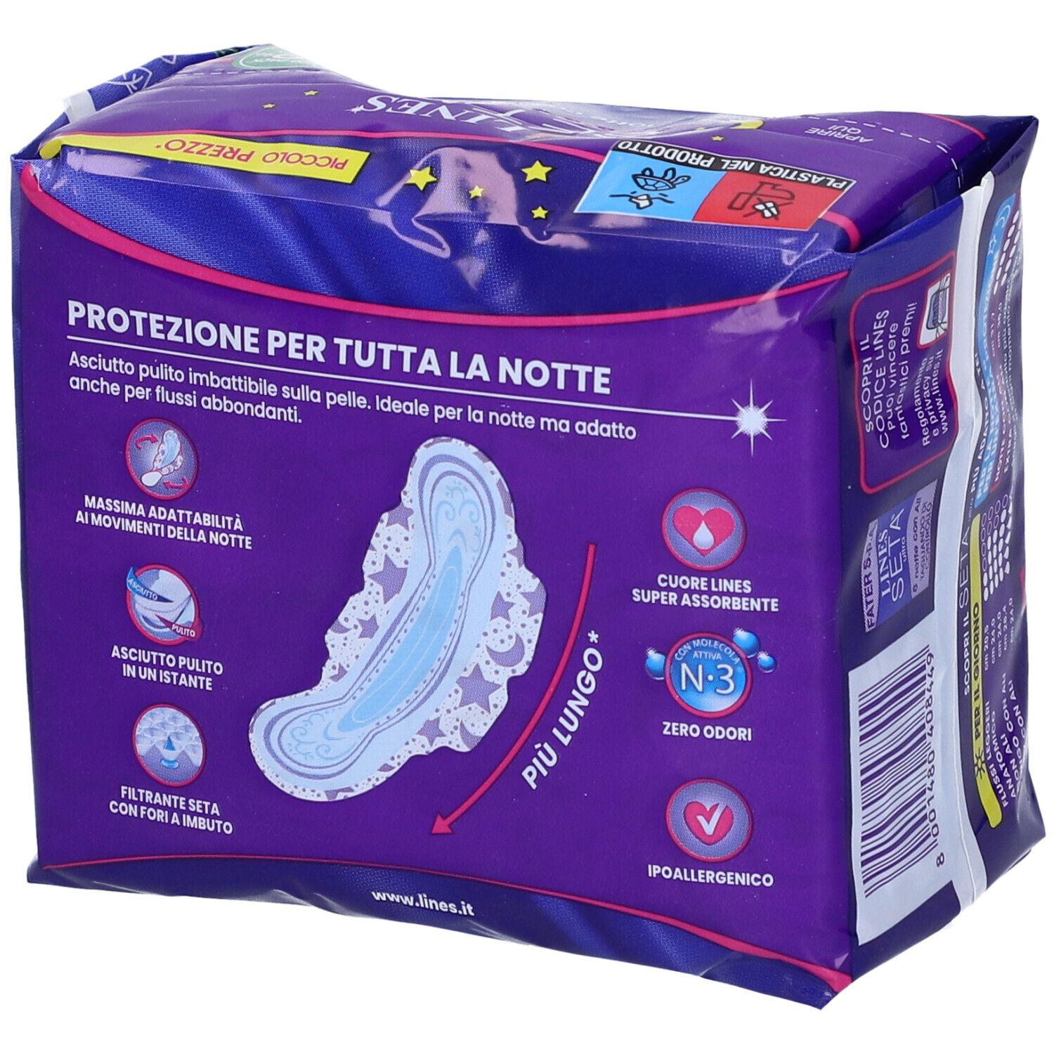 Verpackung mit 8 Damenbinden. Rückseite mit Produktmerkmalen und Abbildung des Produkts. Für die Nacht.