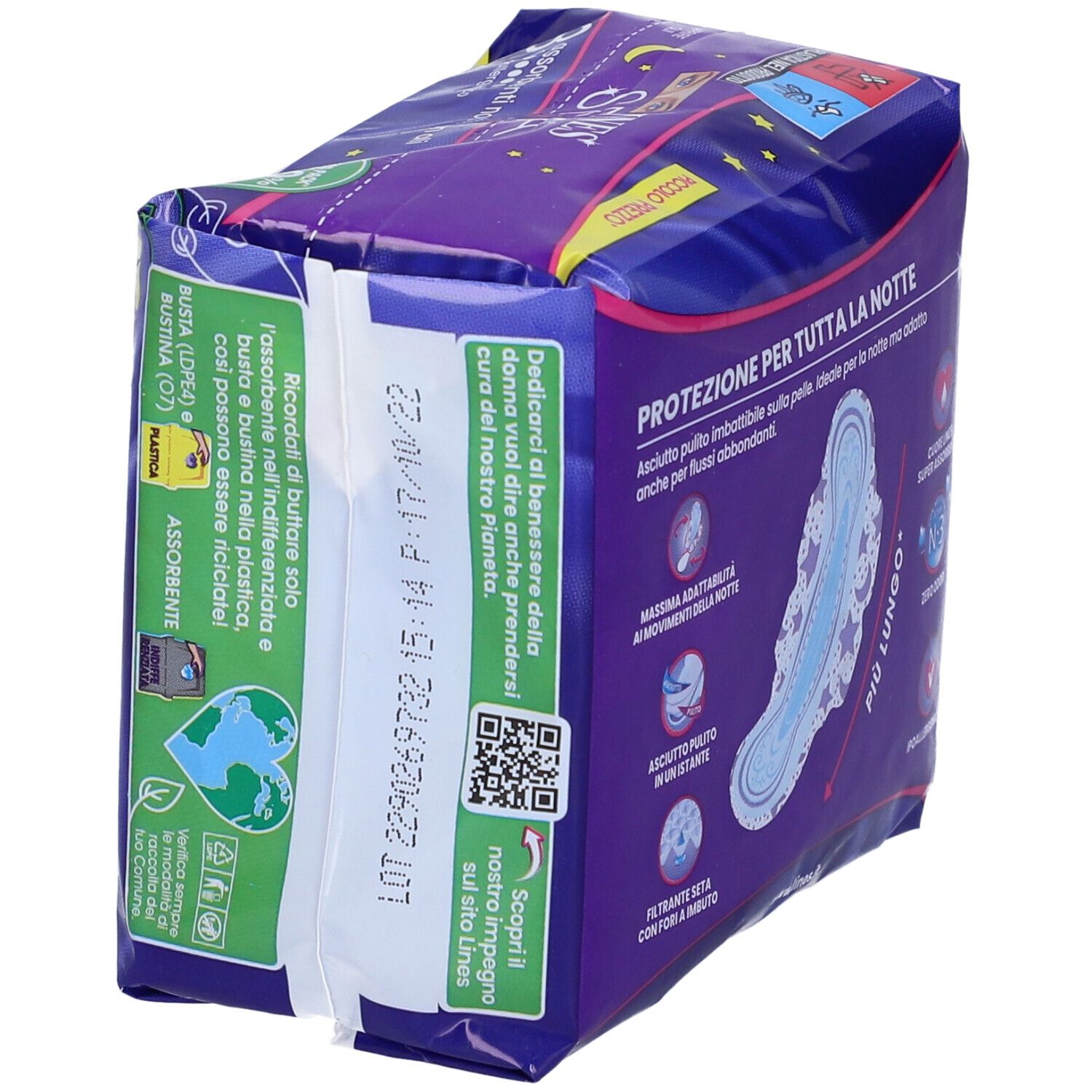 Verpackung mit 8 Damenbinden. Rückseite mit Produktinformationen und Umweltzeichen. Für die Nacht.