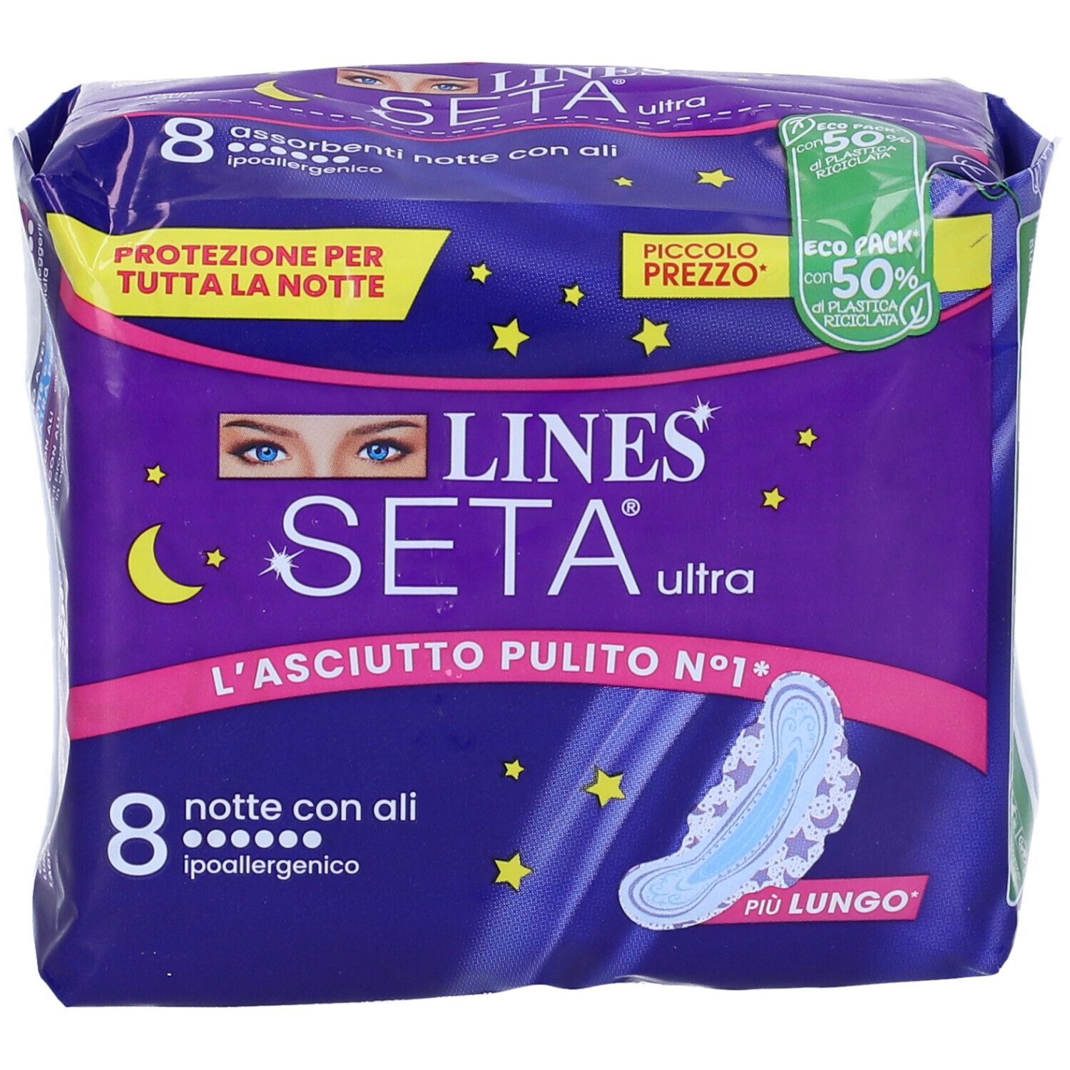 Verpackung mit 8 Damenbinden. Lila Verpackung mit Produktnamen und Produktmerkmalen. Mit Flügeln, für die Nacht.