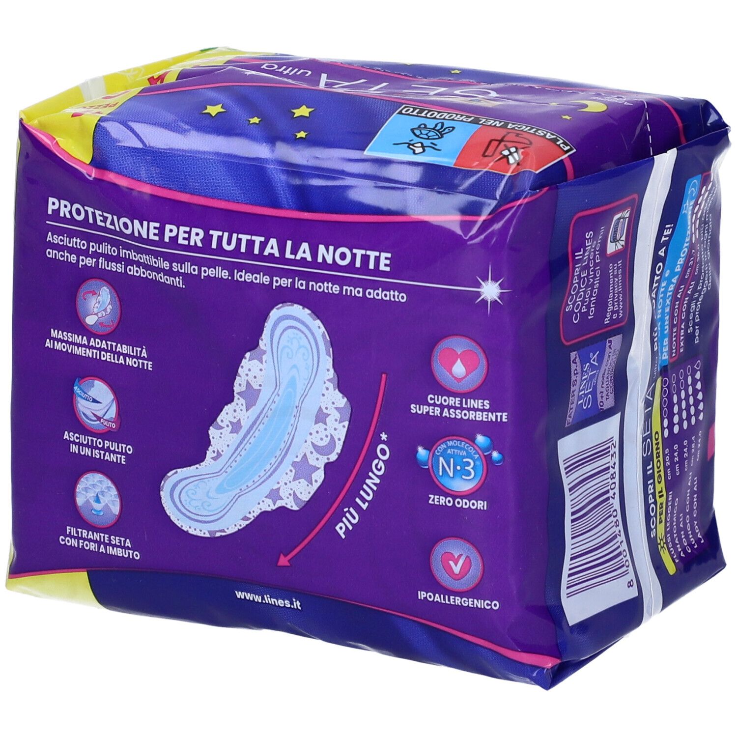 Retro confezione assorbenti. Scritte: LINES SETA ultra, L'asciutto pulito N°1, notte con ali. Immagine prodotto e caratteristiche.