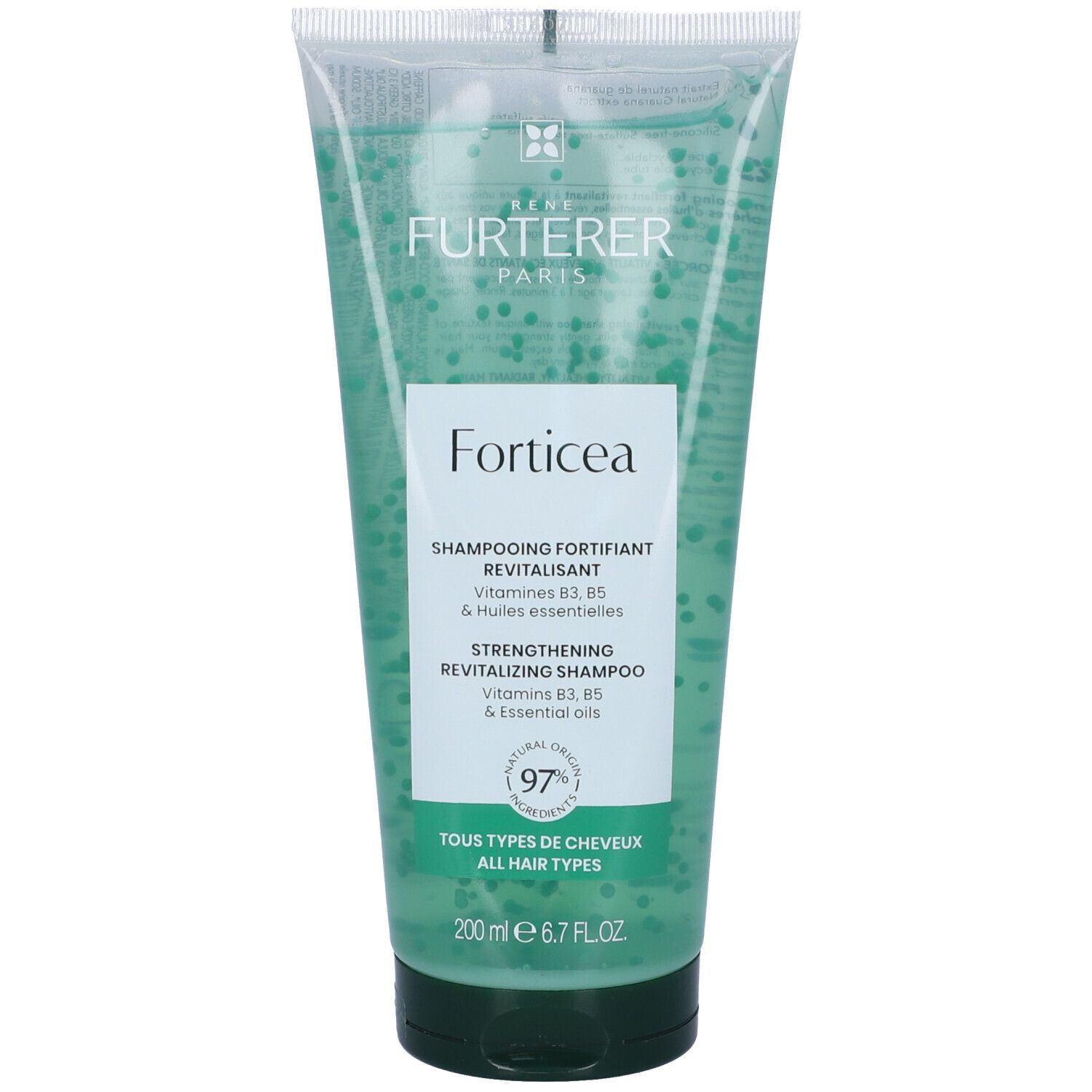 Tubo di shampoo. Testo: Forticea, Shampoo fortificante rivitalizzante. 200 ml. Per tutti i tipi di capelli.