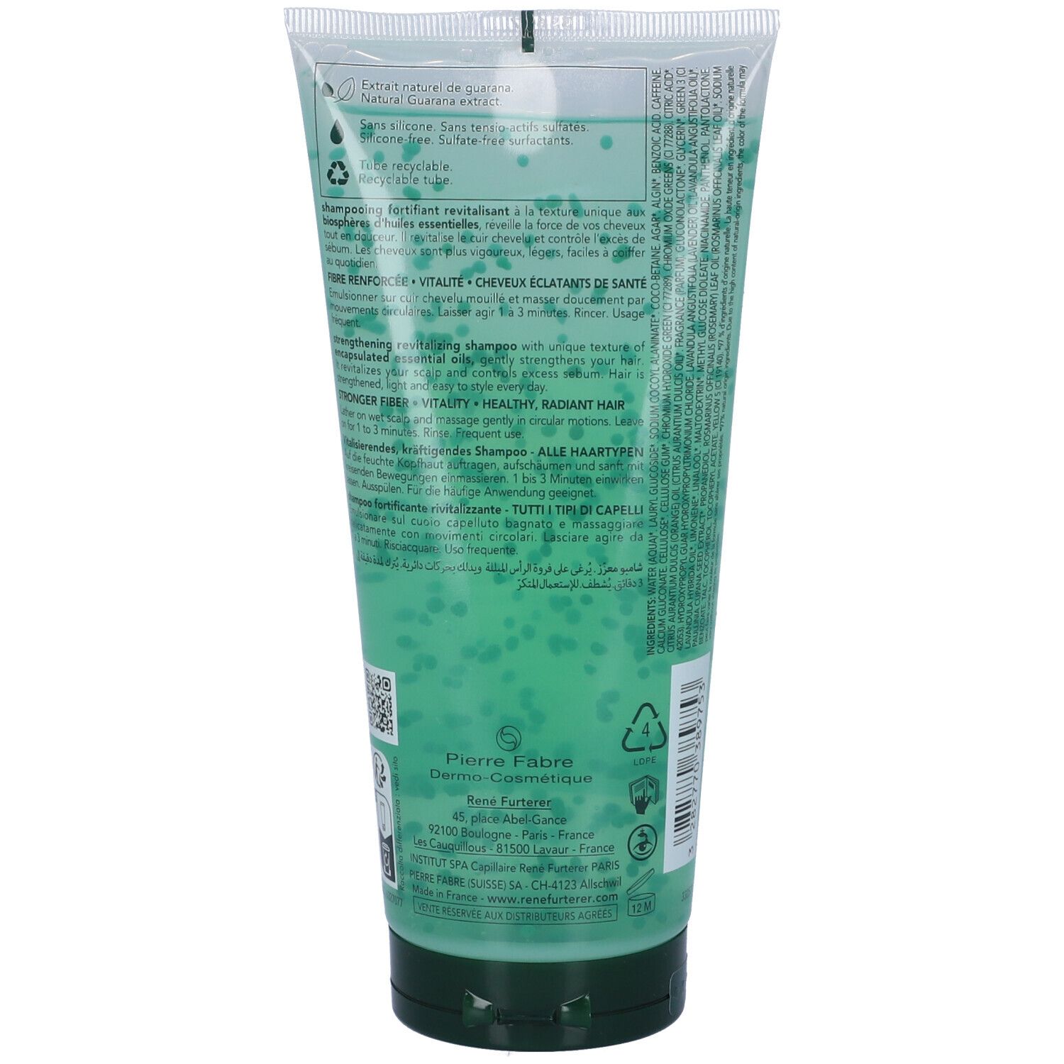 Retro del tubo di shampoo. Testo: Shampoo fortificante rivitalizzante. Per tutti i tipi di capelli. Pierre Fabre.