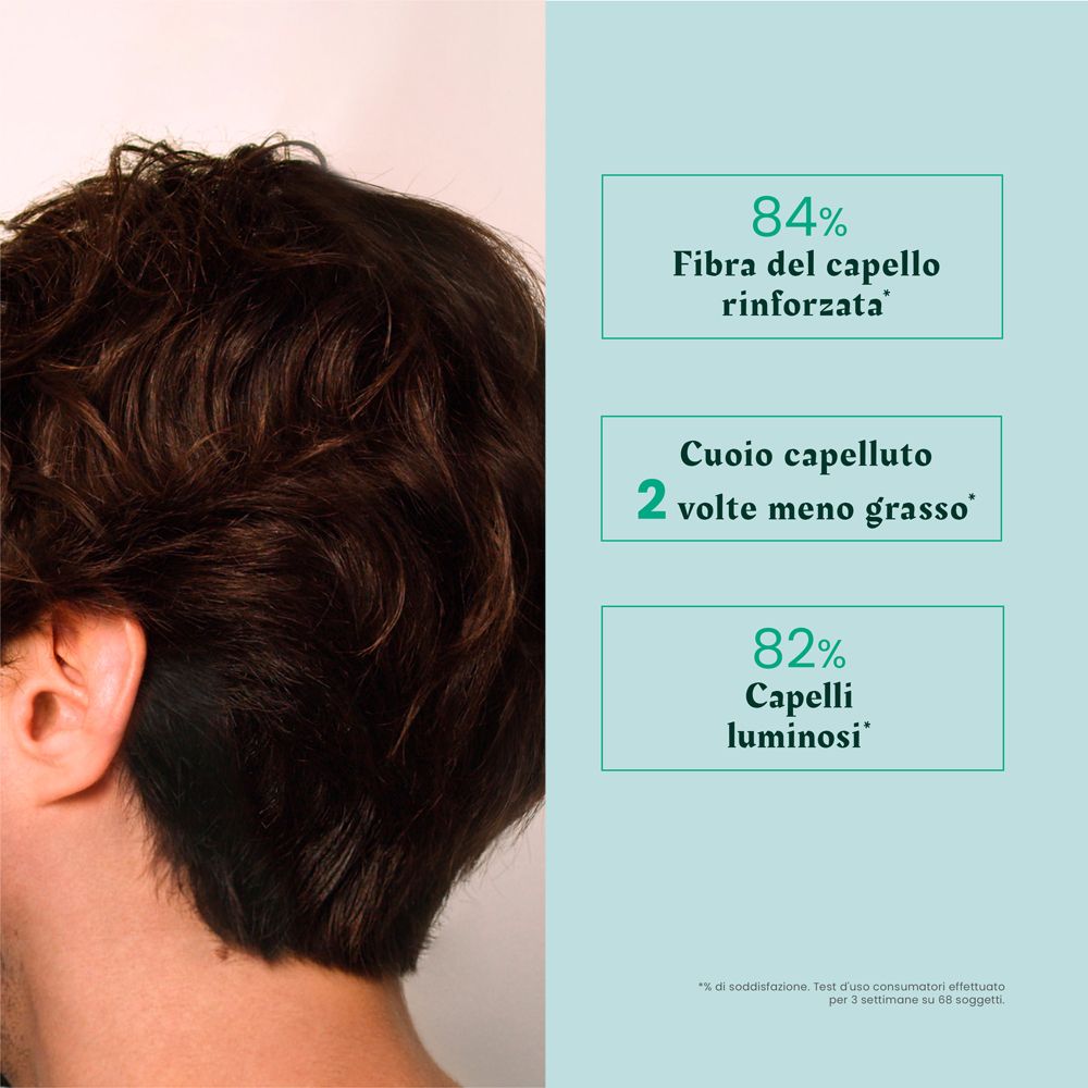 Vista dei capelli. Testo: 84% fibra capillare rinforzata, 2 volte meno grasso sul cuoio capelluto, 82% capelli luminosi.
