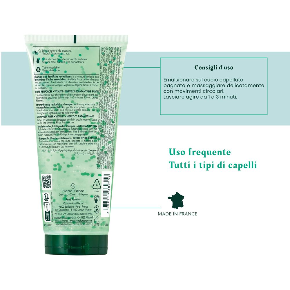 Retro del tubo di shampoo. Testo: Consigli d'uso, uso frequente, tutti i tipi di capelli. Prodotto in Francia.