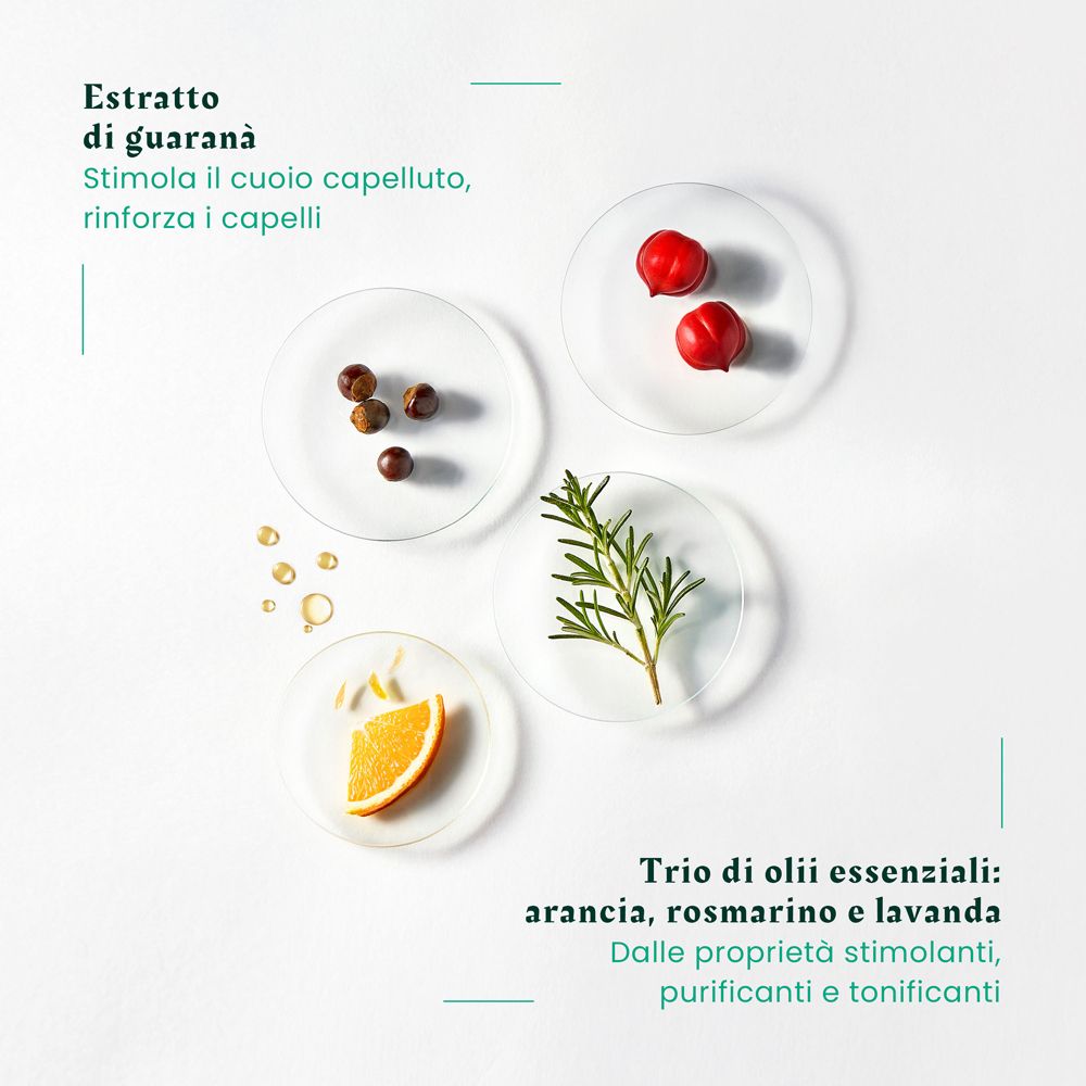 Ingredienti in capsule di Petri. Testo: Estratto di guaranà, Trio di oli essenziali: arancia, rosmarino e lavanda.