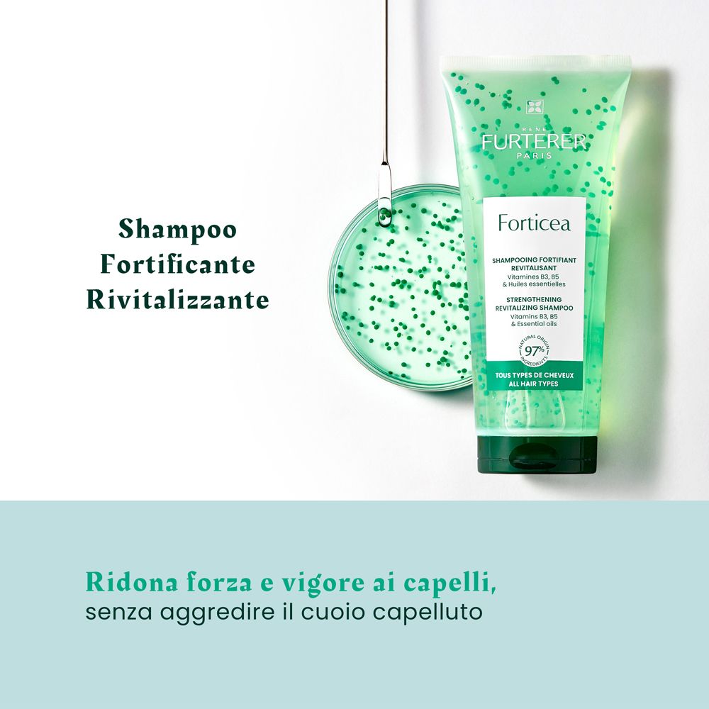 Tubo di shampoo e capsula di Petri. Testo: Shampoo fortificante rivitalizzante. Ridona forza e vigore ai capelli.