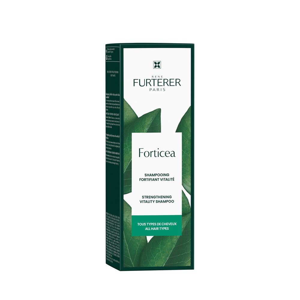 Scatola di shampoo. Testo: Forticea, Shampoo fortificante rivitalizzante. Per tutti i tipi di capelli.