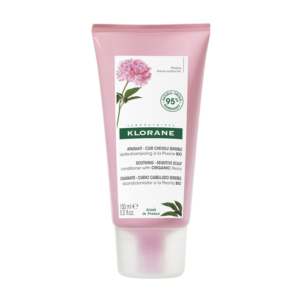 Tubo rosa Klorane con logo, illustrazione di peonia e testo. 95% ingredienti naturali. Prodotto in Francia.