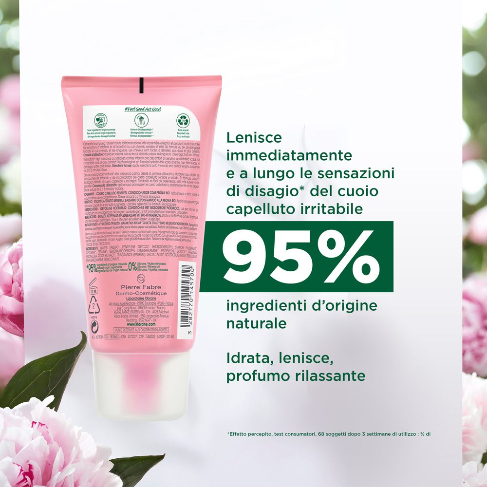 Retro del tubo rosa Klorane. Testo sugli ingredienti e i benefici. 95% ingredienti naturali. Prodotto in Francia.