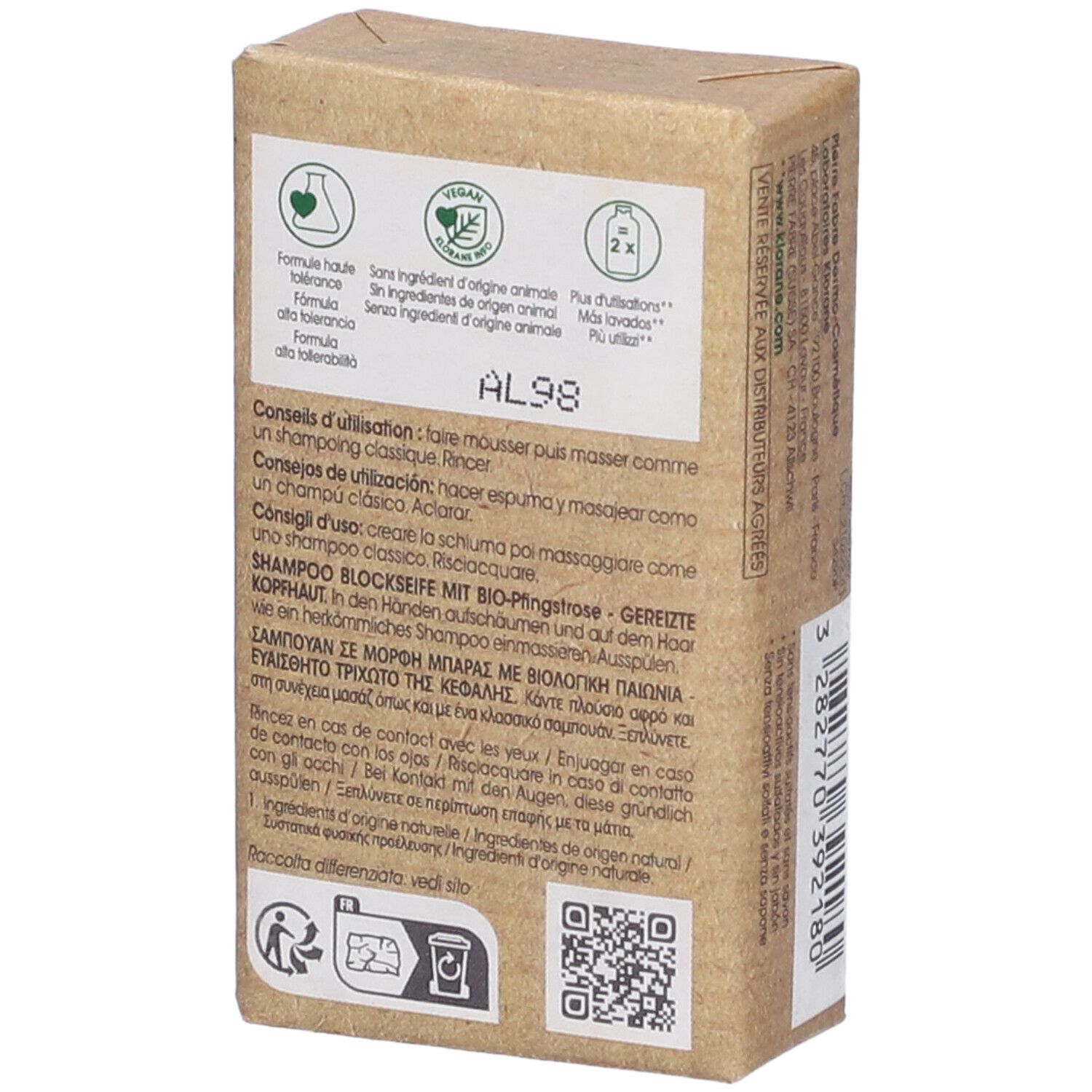 Retro della confezione dello shampoo Klorane. Testo: istruzioni per l'uso, ingredienti, logo vegano, codice QR.