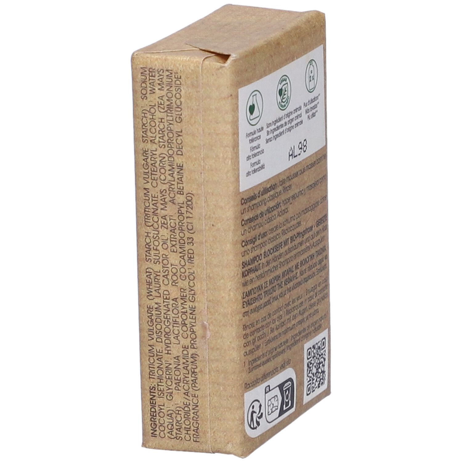 Confezione shampoo Klorane, ingredienti stampati. Loghi e codice QR. Forma quadrata.