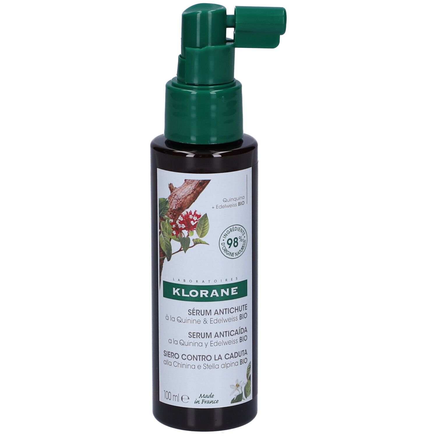 Flacone marrone con erogatore verde. Etichetta con nome prodotto e design floreale. 98% ingredienti naturali.