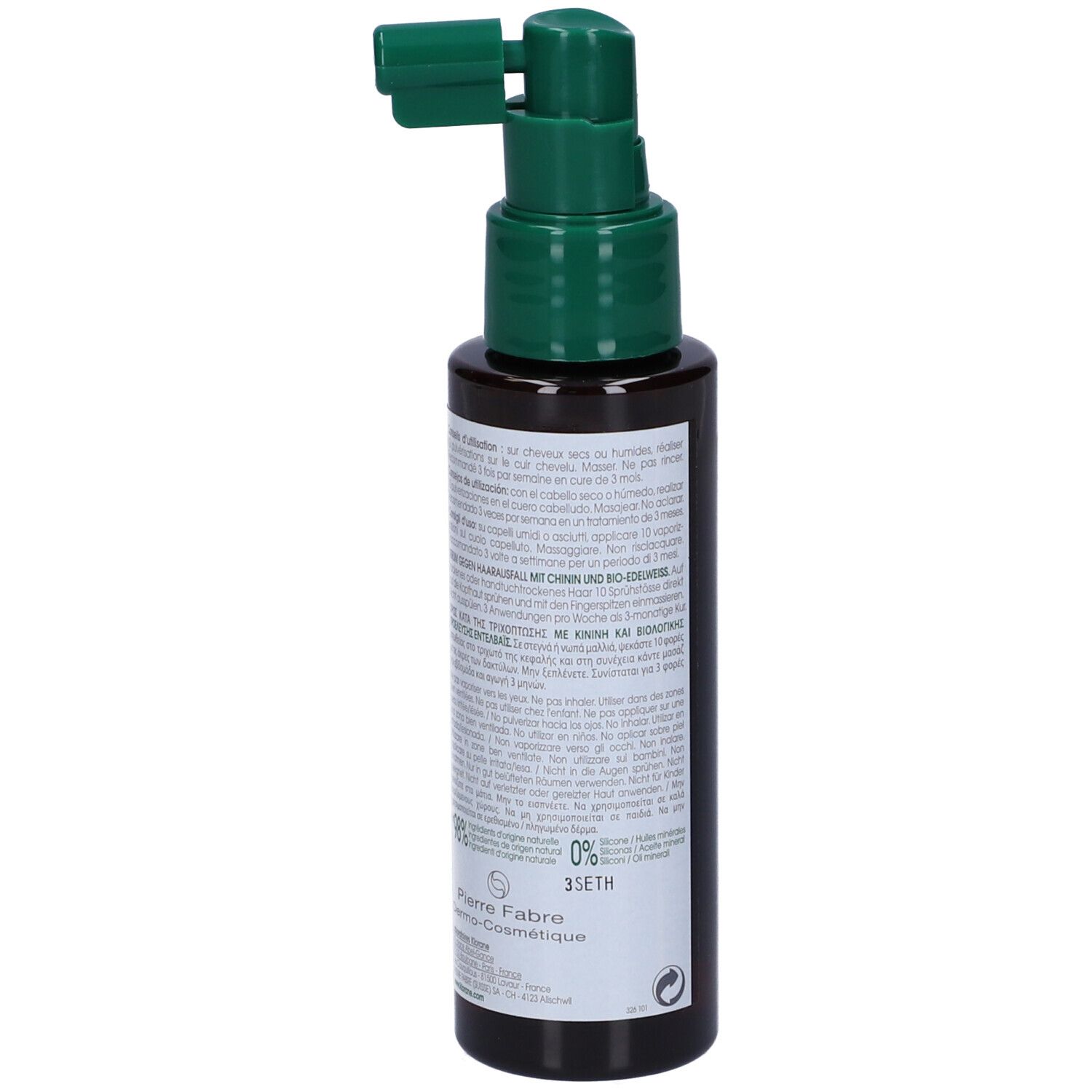 Flacone marrone con erogatore verde. Retro con testo e logo. Informazioni produttore e certificazione.