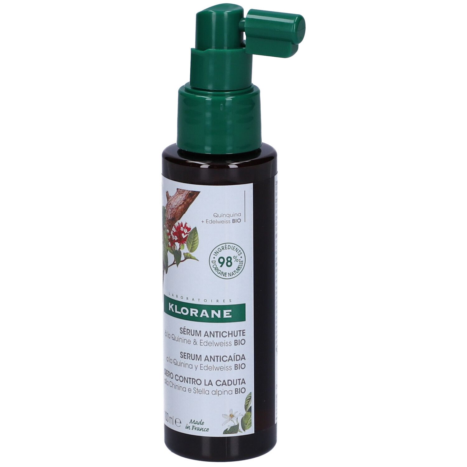 Flacone marrone con erogatore verde. Etichetta con nome prodotto e design floreale. 98% ingredienti naturali.
