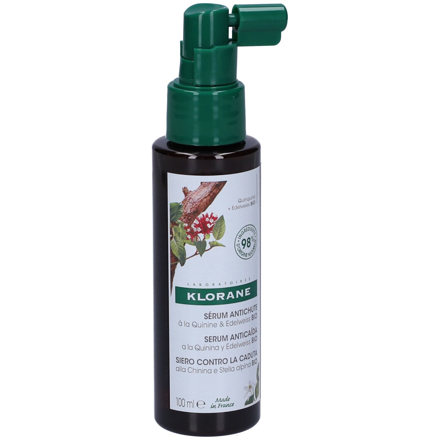 Flacone marrone con erogatore verde. Etichetta con nome prodotto e design floreale. 98% ingredienti naturali.