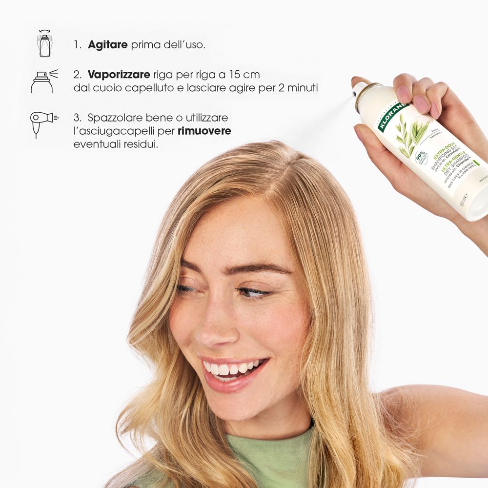 Rückseite der Klorane Trockenshampoo-Flasche. Text: 'Ultra-zart mit Hafer & Ceramid'.