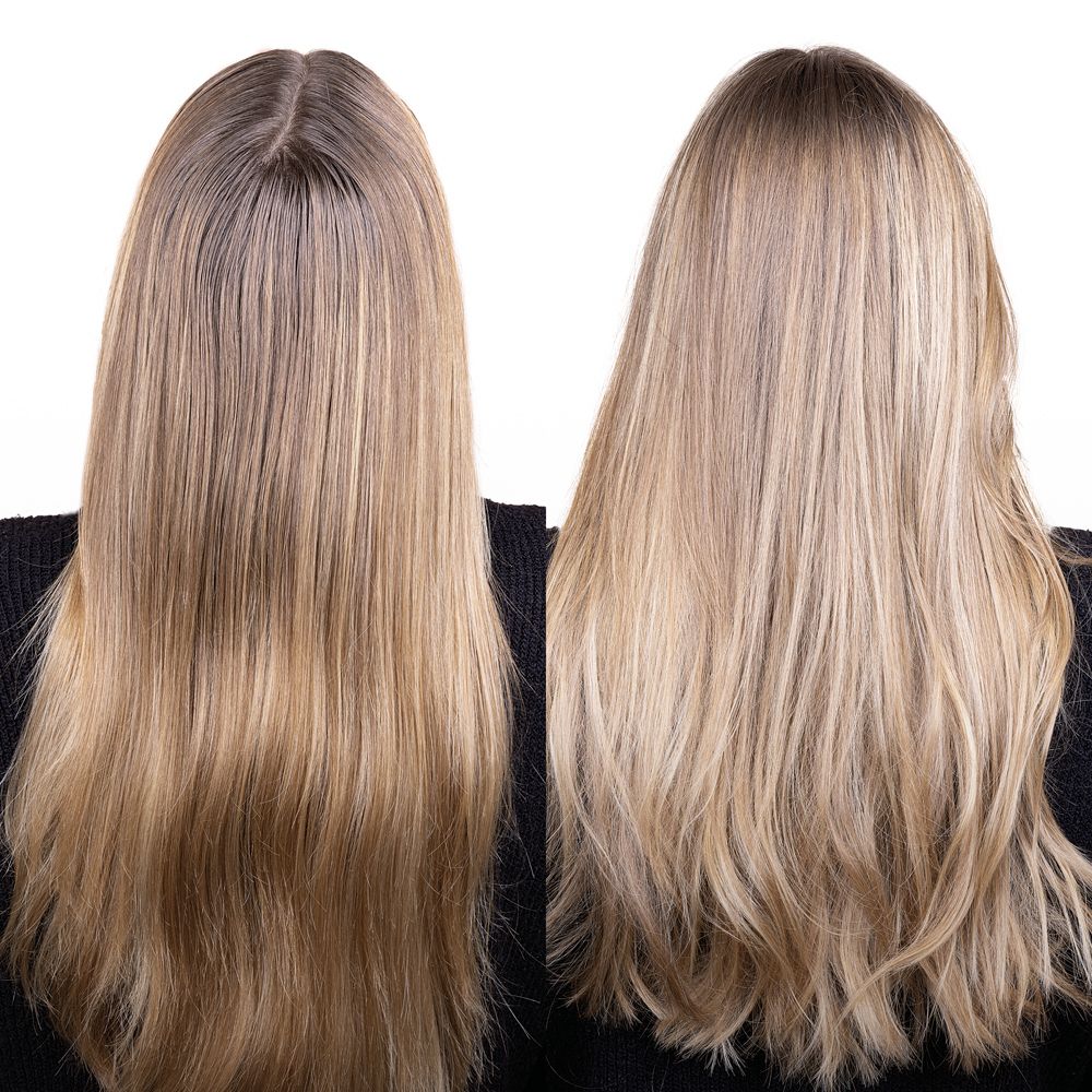 Vorher-Nachher-Ansicht von blondem Haar. Links: vor der Behandlung. Rechts: nach der Behandlung.