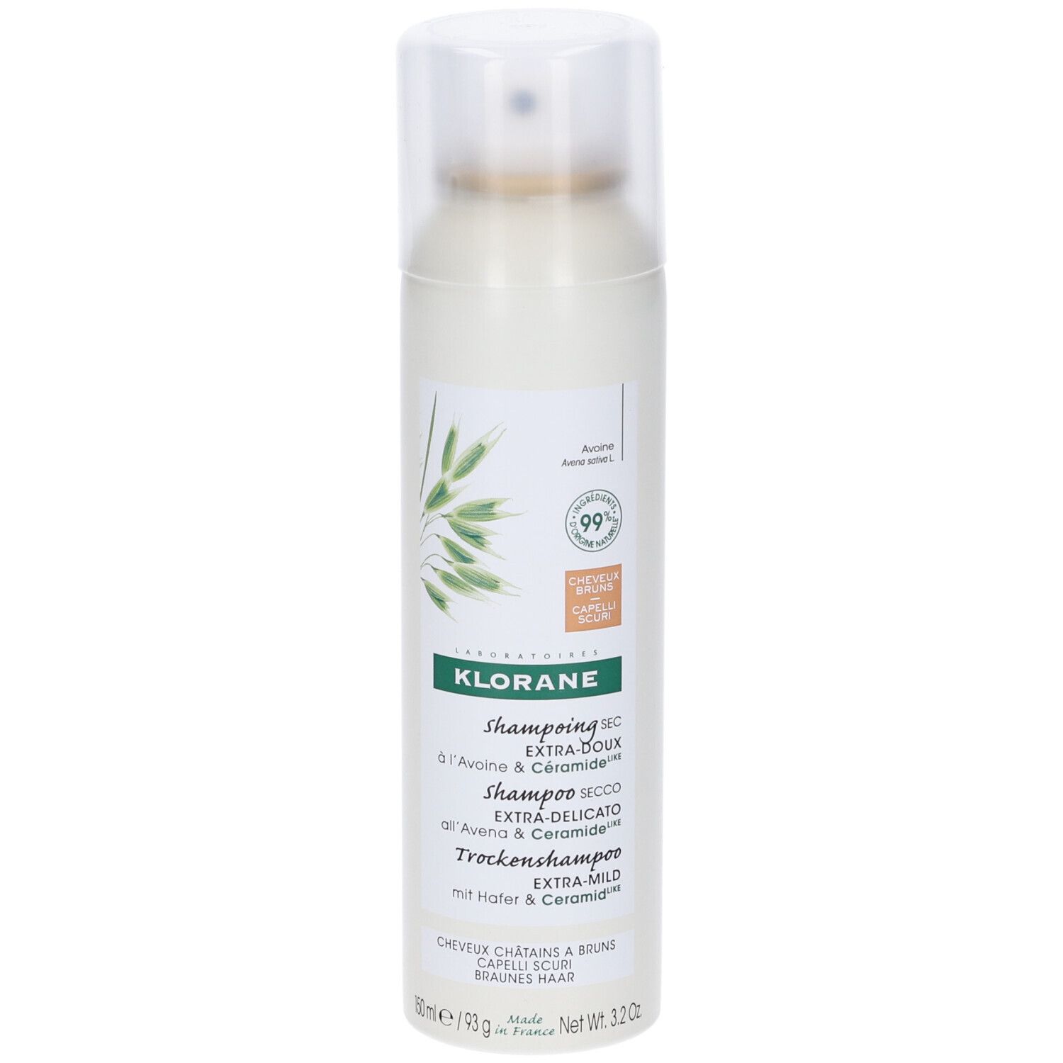Spray Klorane bianco con erogatore. Scritte multilingue. Per capelli castani e scuri. Contiene Avena & Ceramide.