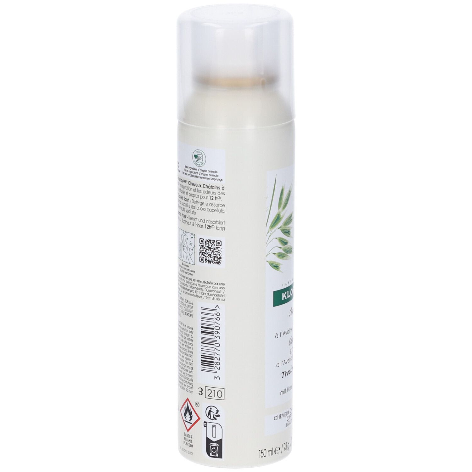 Retro spray Klorane. Testo, QR code, simboli. Per capelli castani e scuri. Contiene Avena & Ceramide.