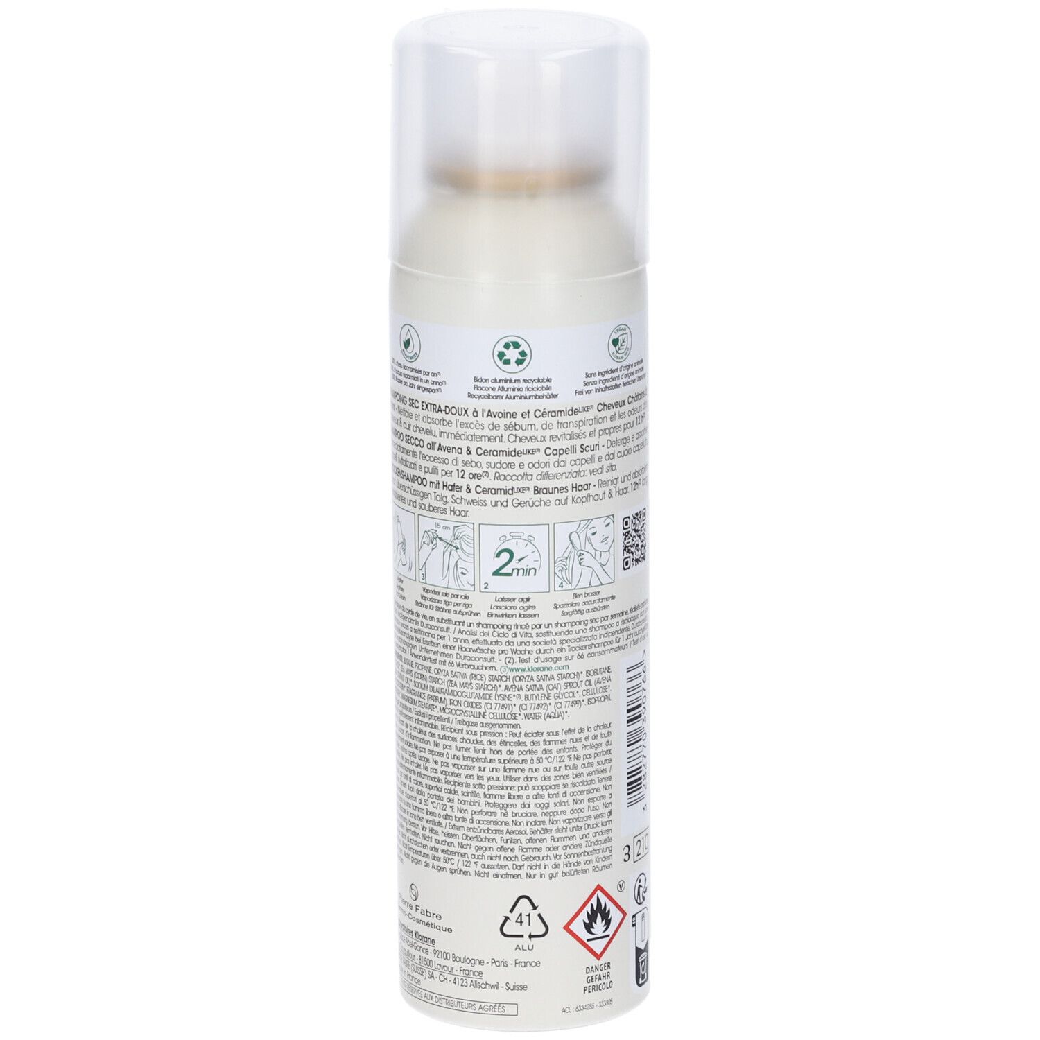 Retro spray Klorane. Testo, QR code, simboli. Istruzioni. Per capelli castani e scuri. Avena & Ceramide.