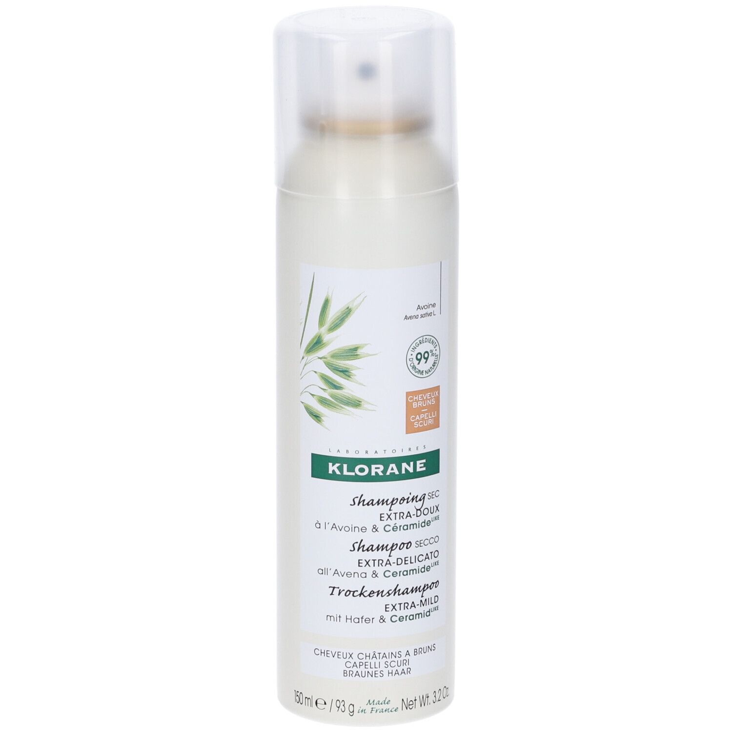 Spray Klorane bianco con erogatore. Scritte multilingue. Per capelli castani e scuri. Contiene Avena & Ceramide.