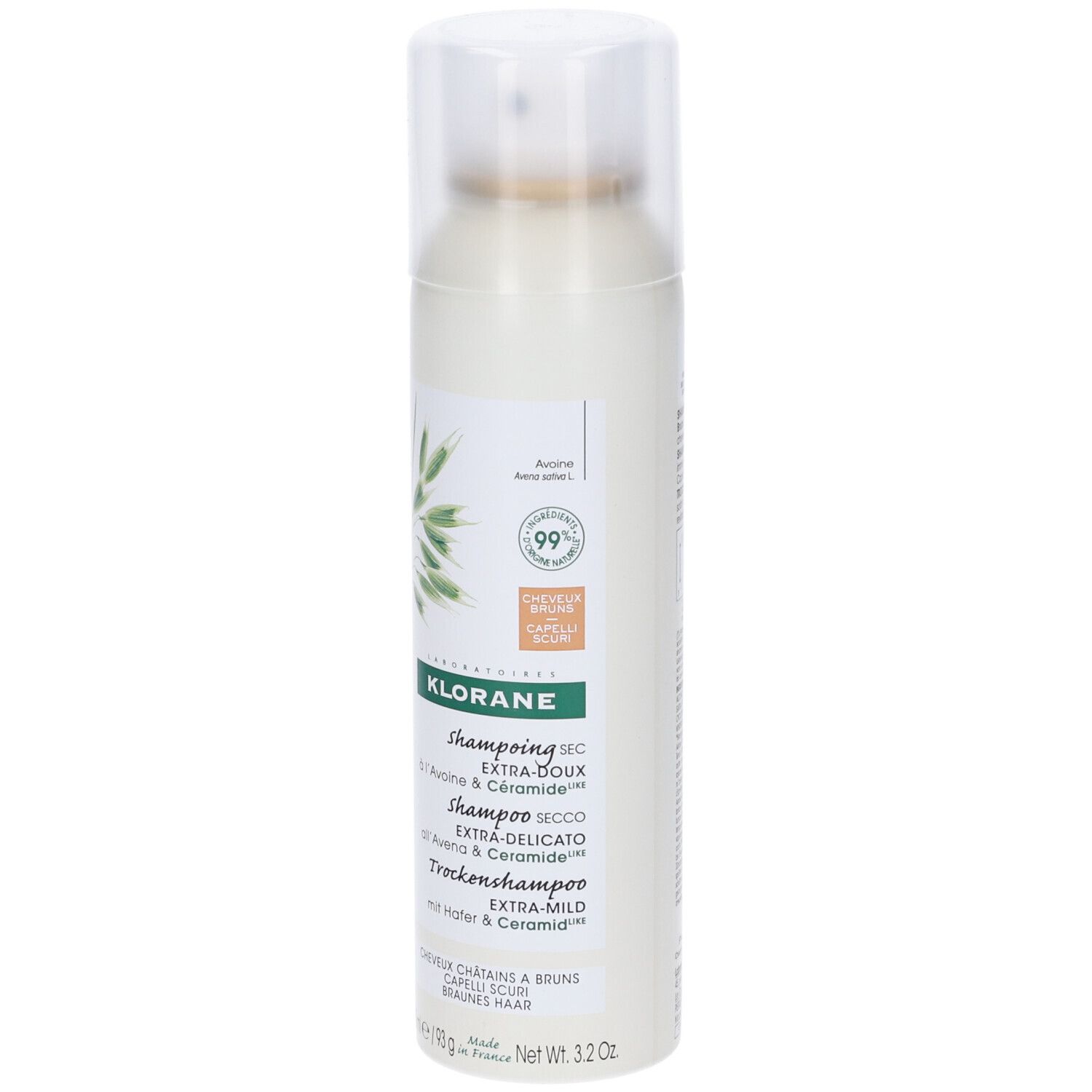 Spray Klorane bianco con erogatore. Scritte multilingue. Per capelli castani e scuri. Contiene Avena & Ceramide.