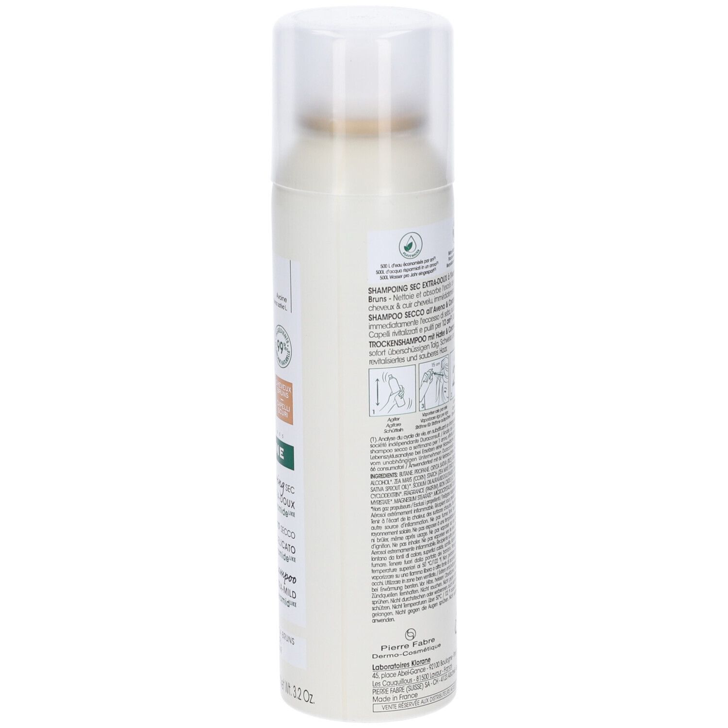 Retro spray Klorane. Testo, QR code, simboli. Per capelli castani e scuri. Contiene Avena & Ceramide.