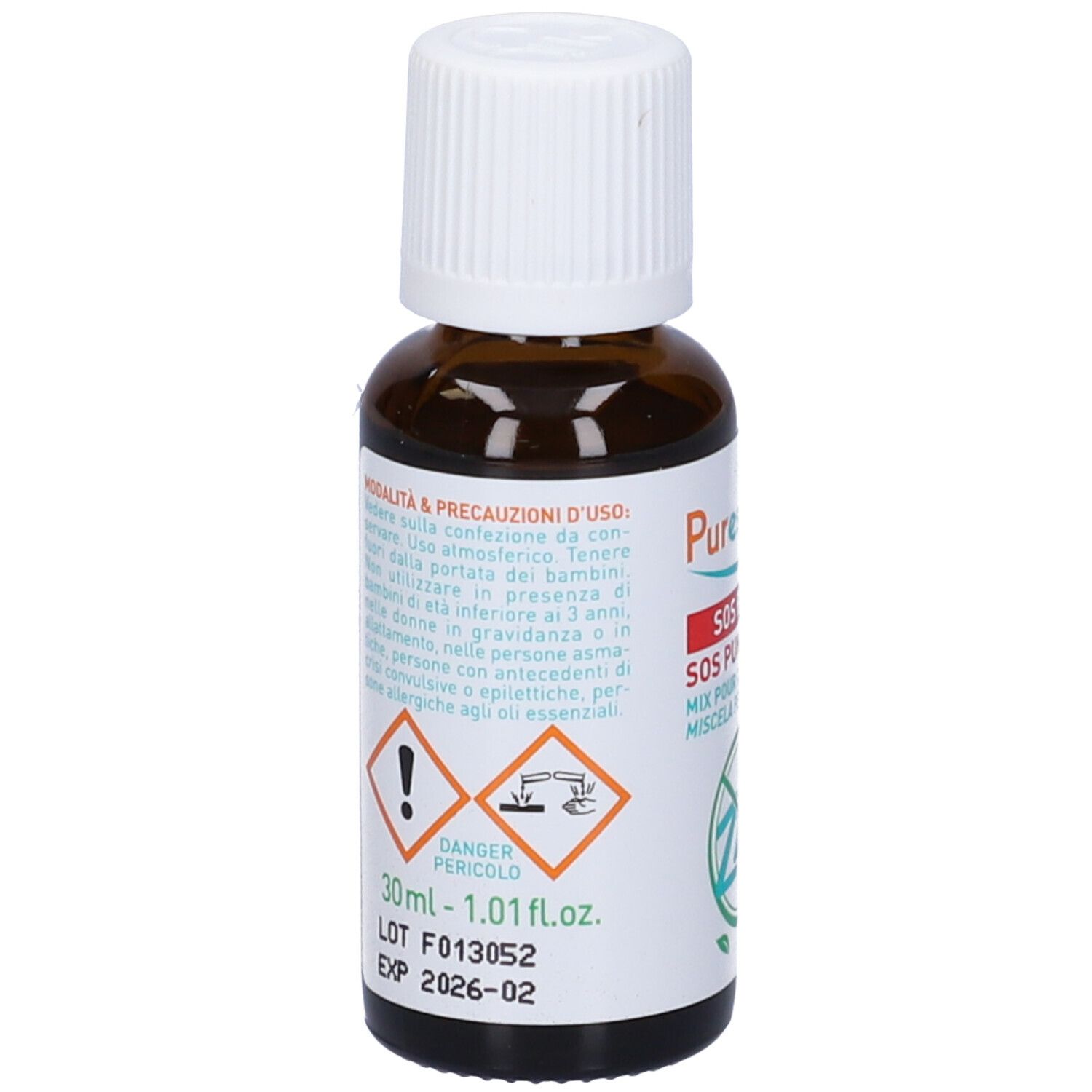 Flacone di vetro marrone con tappo bianco. Etichetta con simboli di avvertimento e testo. Volume: 30ml - 1.01 fl.oz.