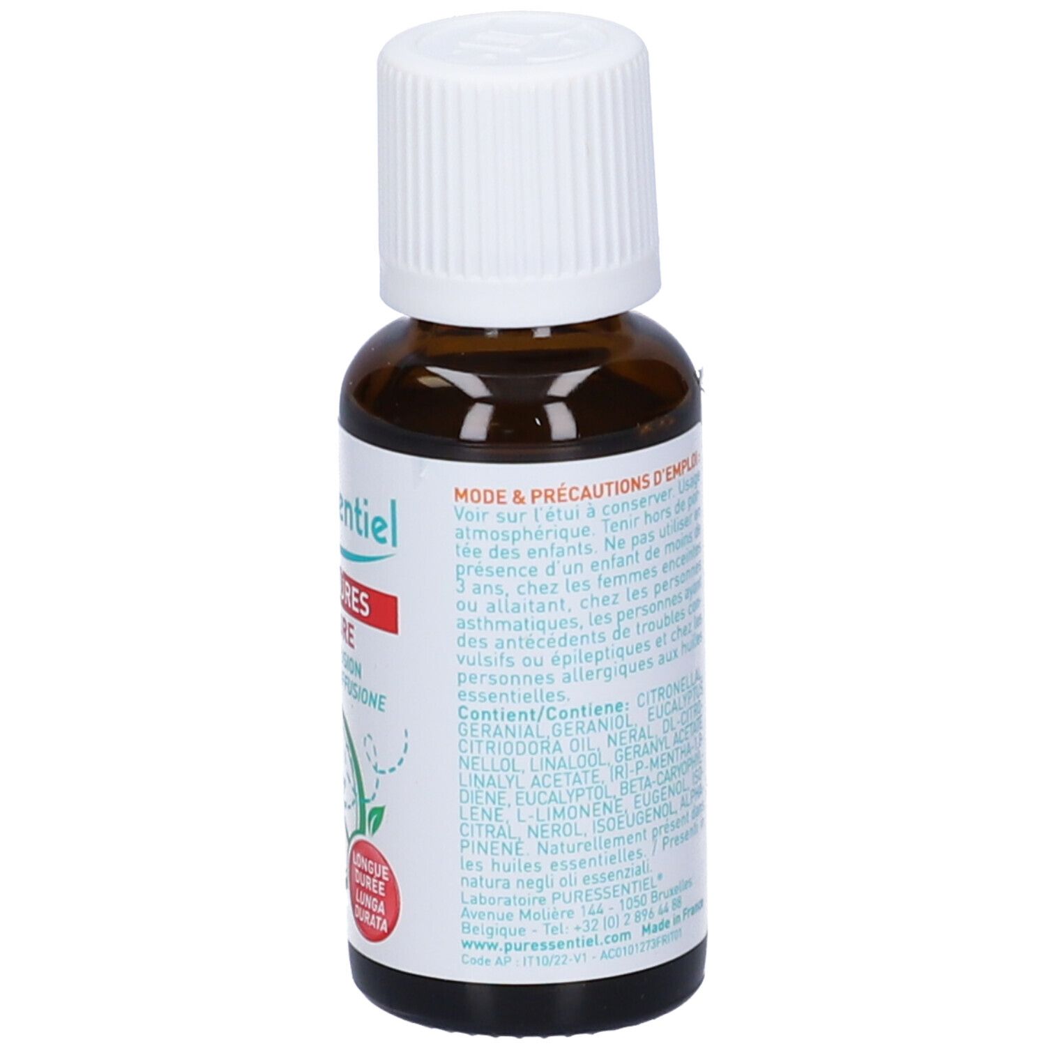 Flacone di vetro marrone con tappo bianco. Etichetta con testo in diverse lingue. Contiene ingredienti.