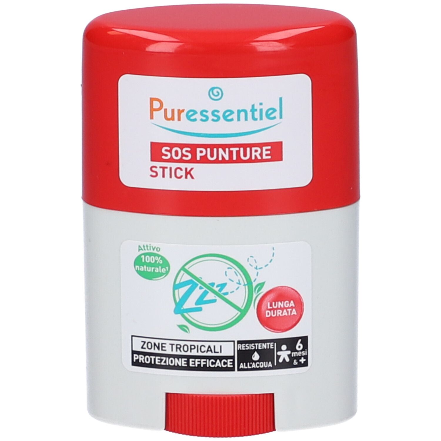 Stick bianco e rosso con tappo rosso. Etichetta con nome e logo del prodotto. "Attivo 100% naturale" e "Zone tropicali".
