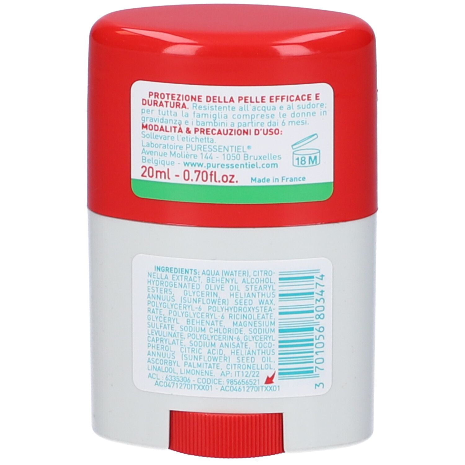 Retro dello stick. Testo con ingredienti e informazioni. Etichetta verde e bianca. "20ml - 0.70fl.oz."