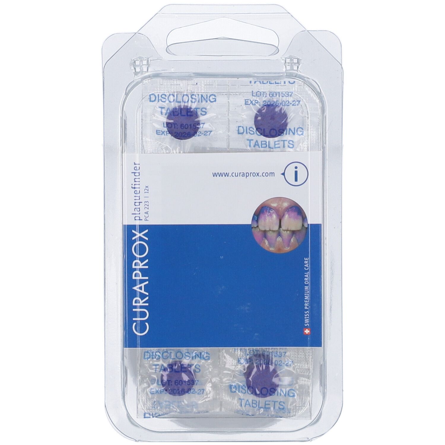 Confezione blister con compresse. Logo CURAPROX e informazioni sul prodotto. Quattro compresse in blister trasparenti.