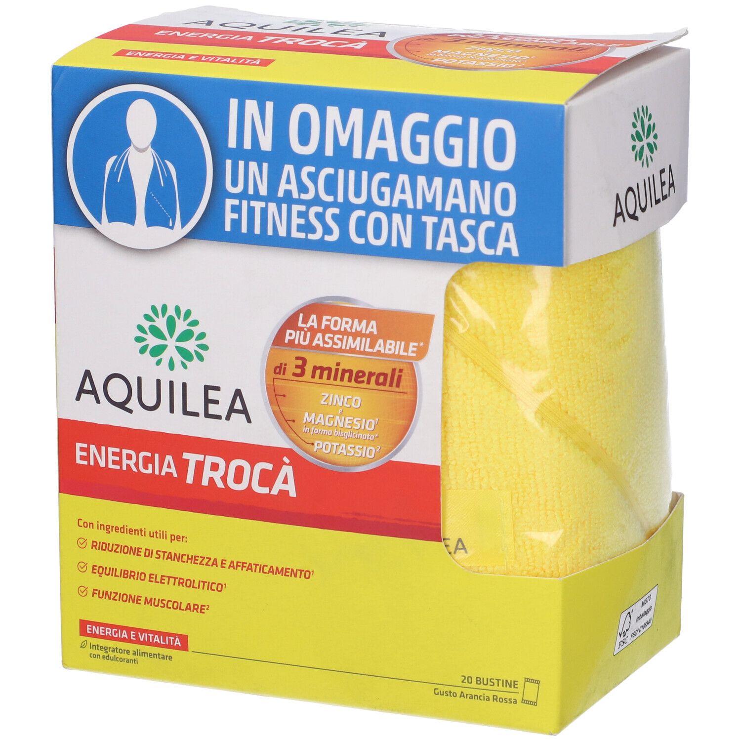 Confezione Aquilea Energia Troca' con asciugamano giallo. Contiene 20 bustine. Testo: Energia & Vitalità.