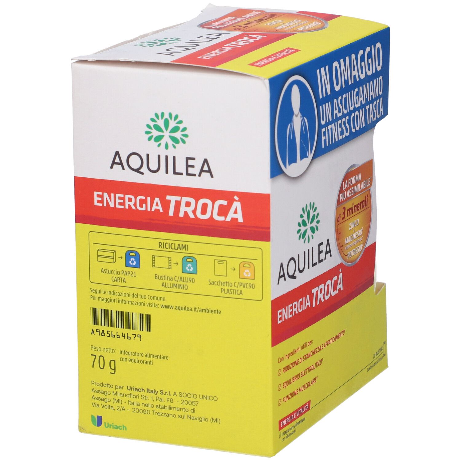 Confezione Aquilea Energia Troca'. Contiene 70g. Testo: Energia & Vitalità. Simboli di riciclaggio.