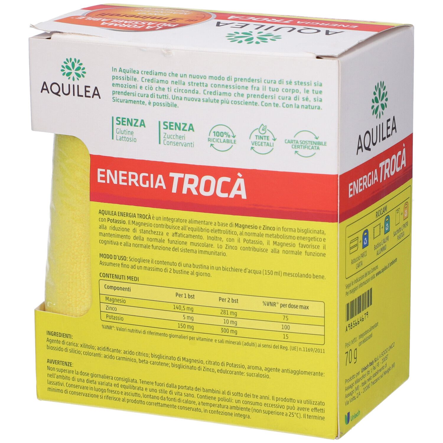 Confezione Aquilea Energia Troca' con asciugamano giallo. Testo: Energia & Vitalità. Tabella ingredienti.