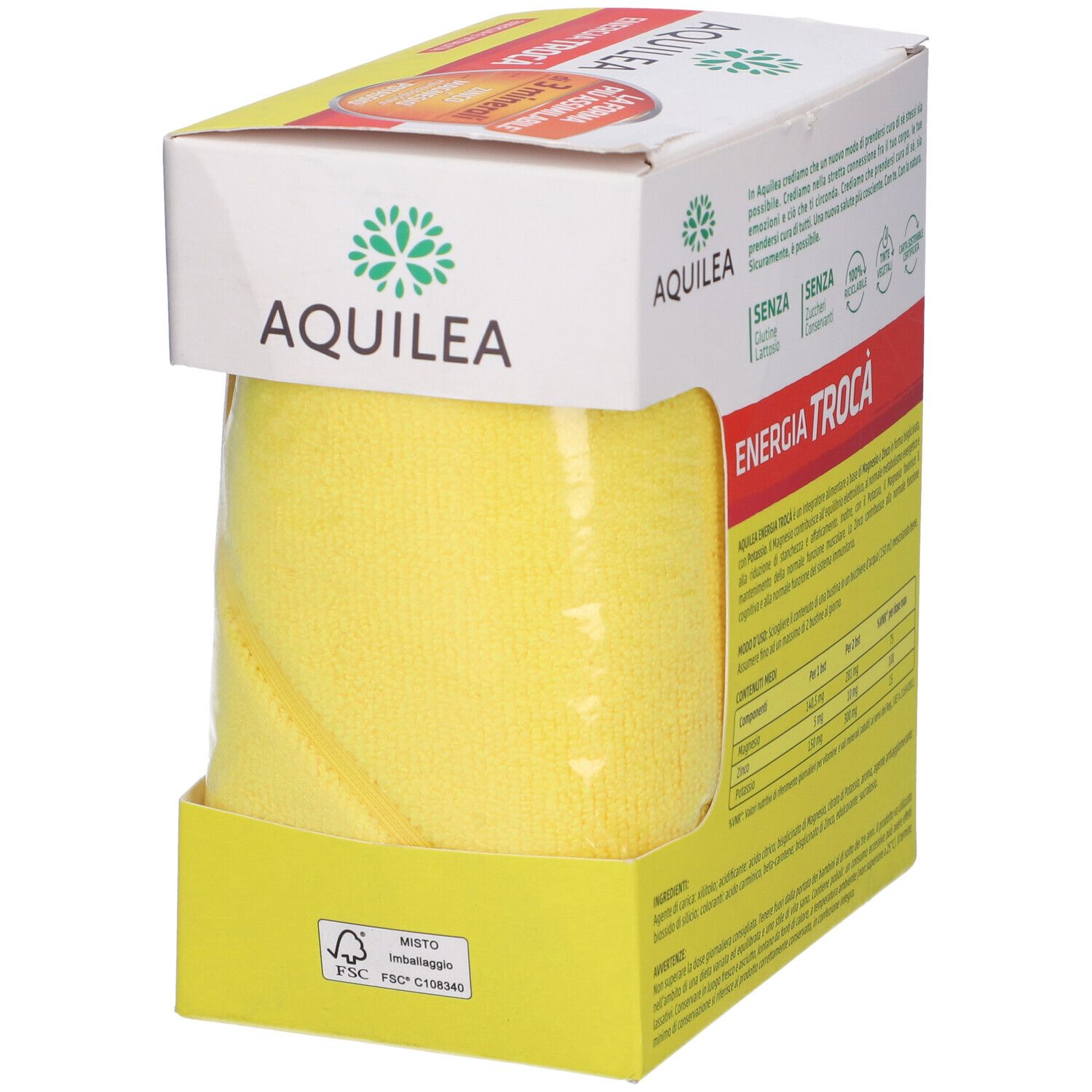 Confezione Aquilea Energia Troca' con asciugamano giallo. Testo: Energia & Vitalità. Logo FSC.