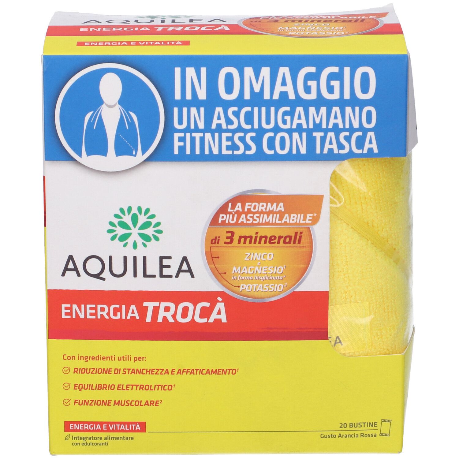 Confezione Aquilea Energia Troca' con asciugamano giallo. Contiene 20 bustine. Testo: Energia & Vitalità.