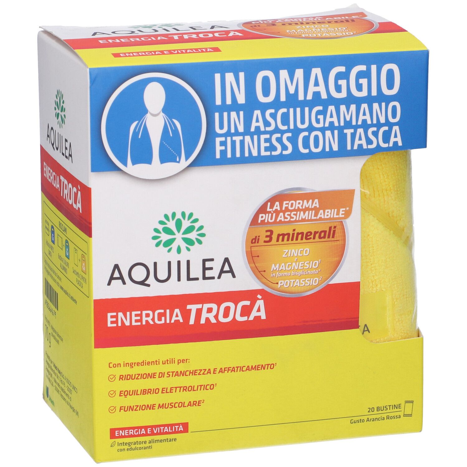 Confezione Aquilea Energia Troca' con asciugamano giallo. Contiene 20 bustine. Testo: Energia & Vitalità.