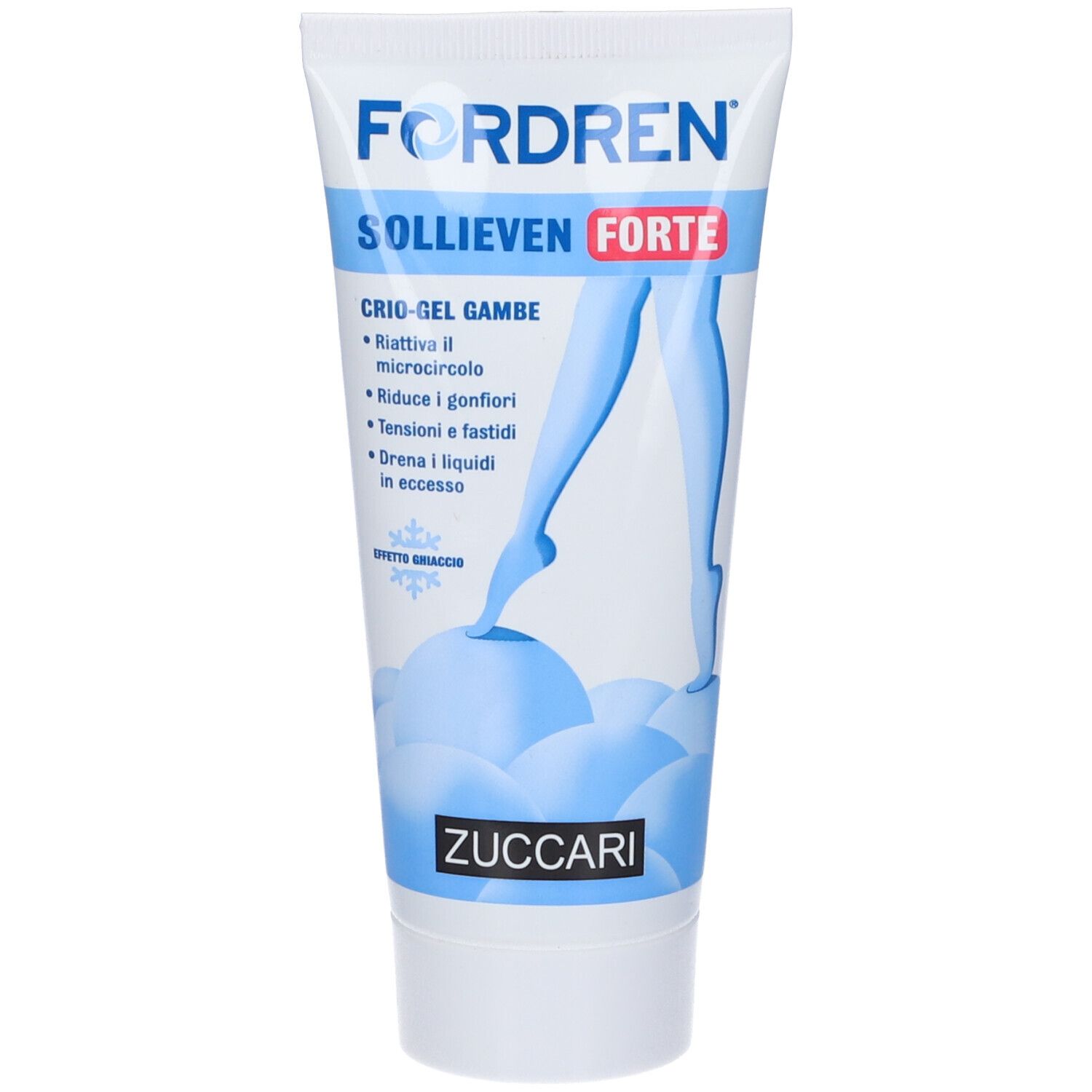 Tubo con nome del prodotto e illustrazione gambe. Sfumatura blu, scritta 'Fordren Sollieven Forte'.