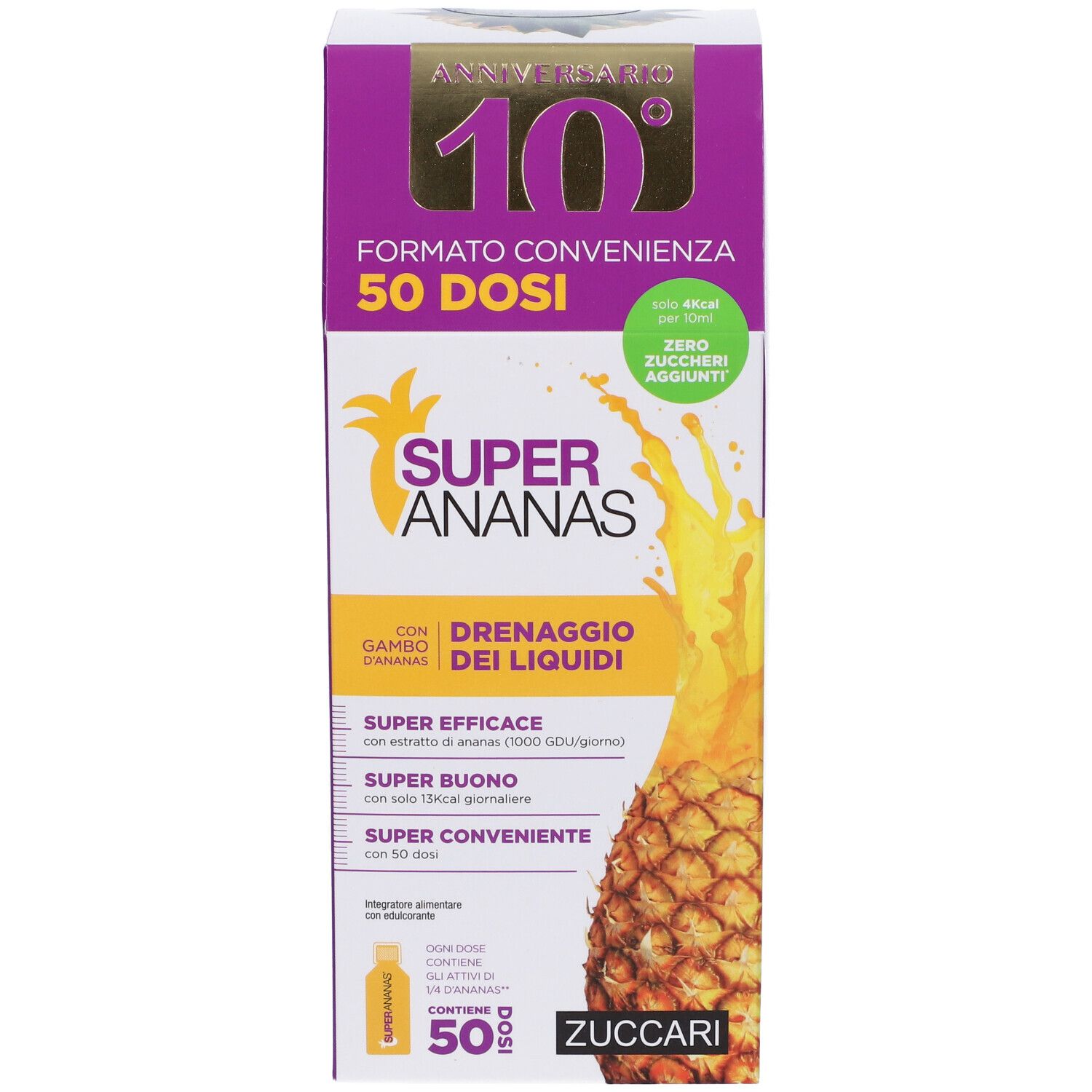 Confezione con nome del prodotto e illustrazione di ananas. Contiene 50 dosi. Marchio Zuccari.