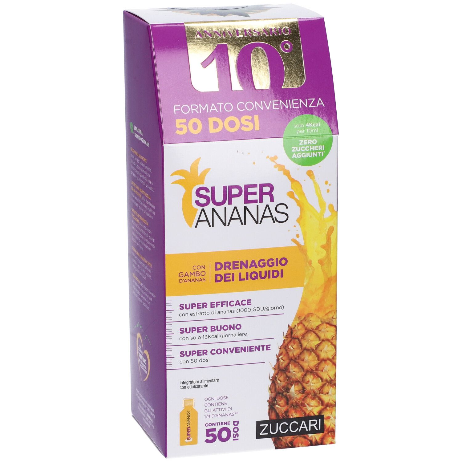 Confezione con nome del prodotto e illustrazione di ananas. Contiene 50 dosi. Marchio Zuccari.