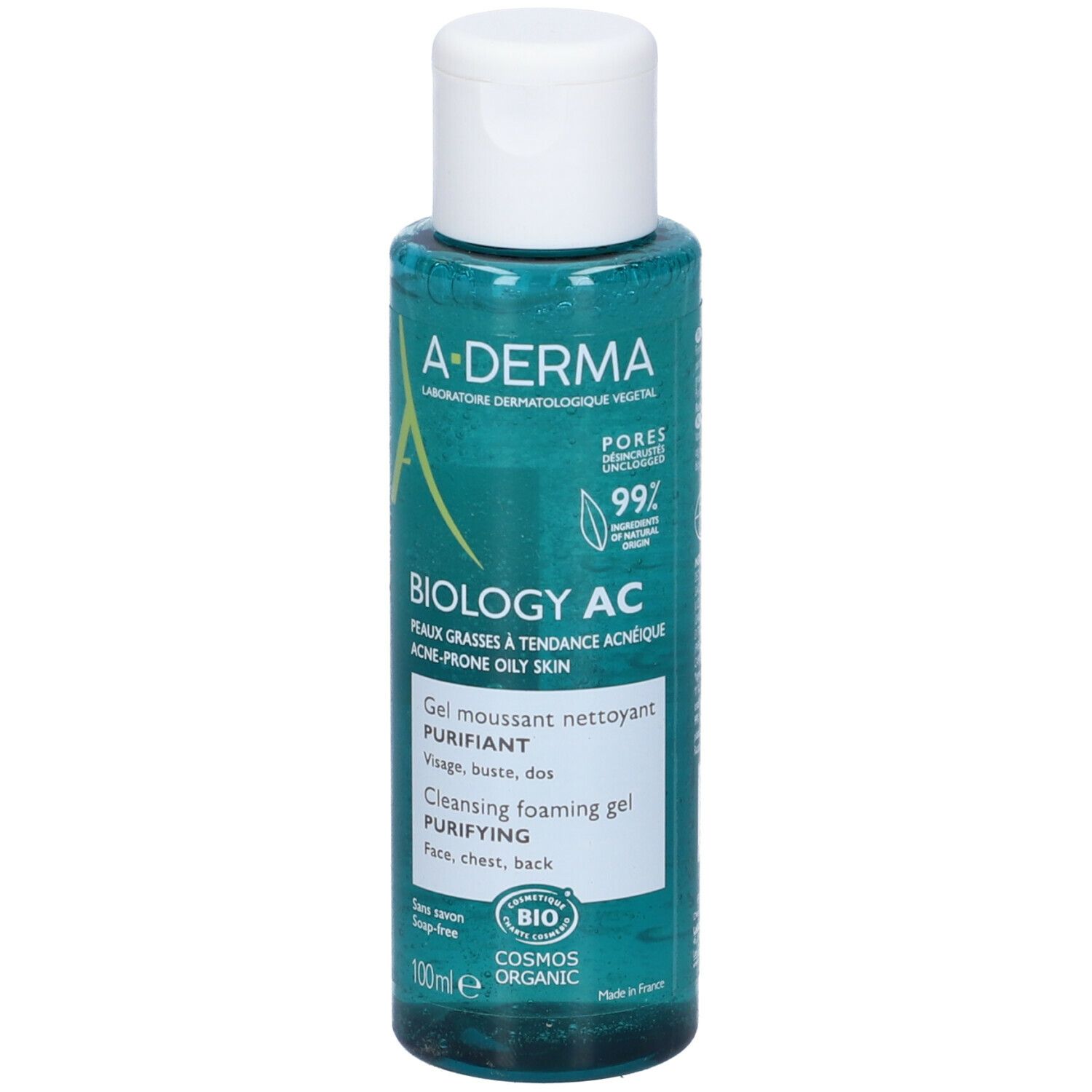 A-Derma Biology AC Gel Detergente. Flacone di gel verde con tappo bianco. Testo: Biology AC, per pelli impure. Certificazione bio.