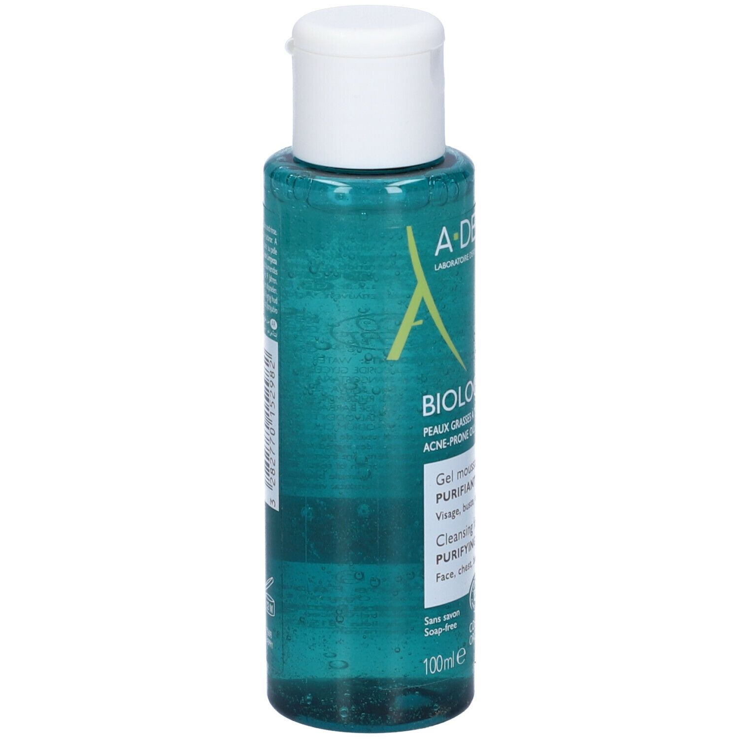 A-Derma Biology AC Gel Detergente. Flacone di gel verde con tappo bianco. Etichetta con informazioni sul prodotto. 100ml.