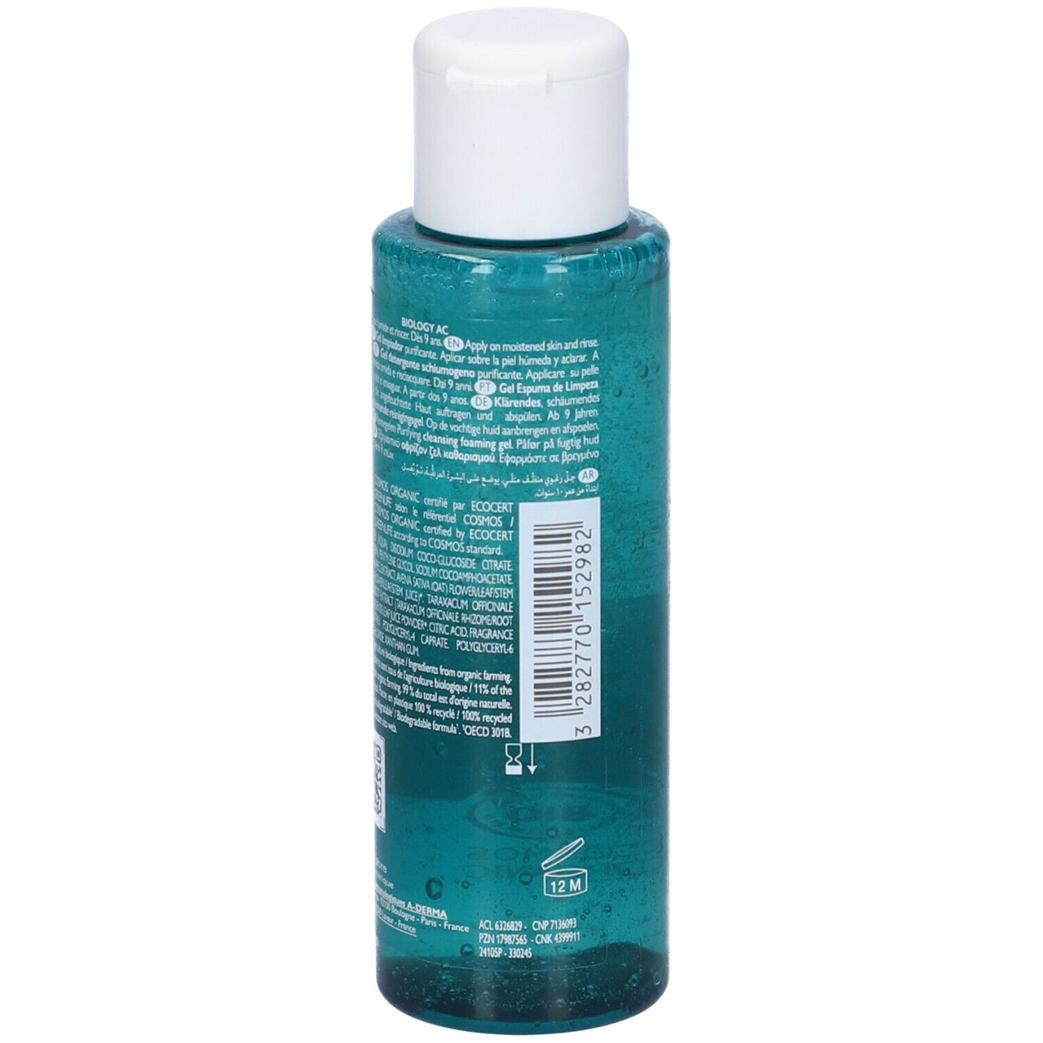 A-Derma Biology AC Gel Detergente. Retro del flacone con informazioni sul prodotto e certificazioni. Gel verde.