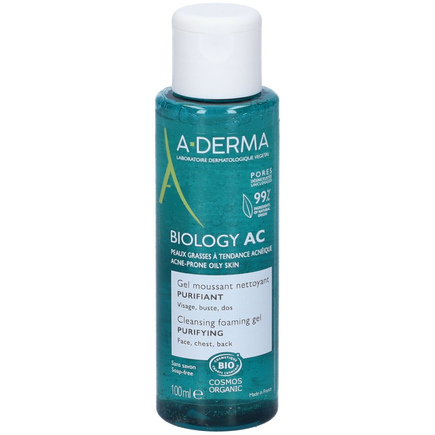 A-Derma Biology AC Gel Detergente. Flacone di gel verde con tappo bianco. Testo: Biology AC, per pelli impure. Certificazione bio.
