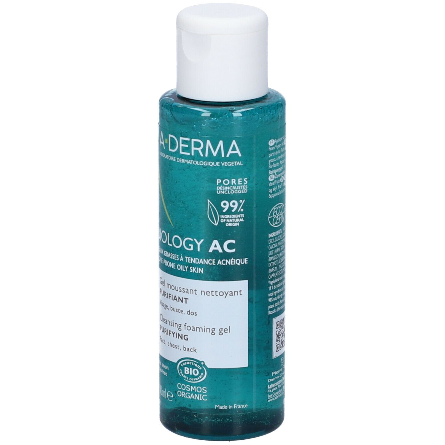 A-Derma Biology AC Gel Detergente. Flacone di gel verde con tappo bianco. Testo: Biology AC, per pelli impure. Certificazione bio.