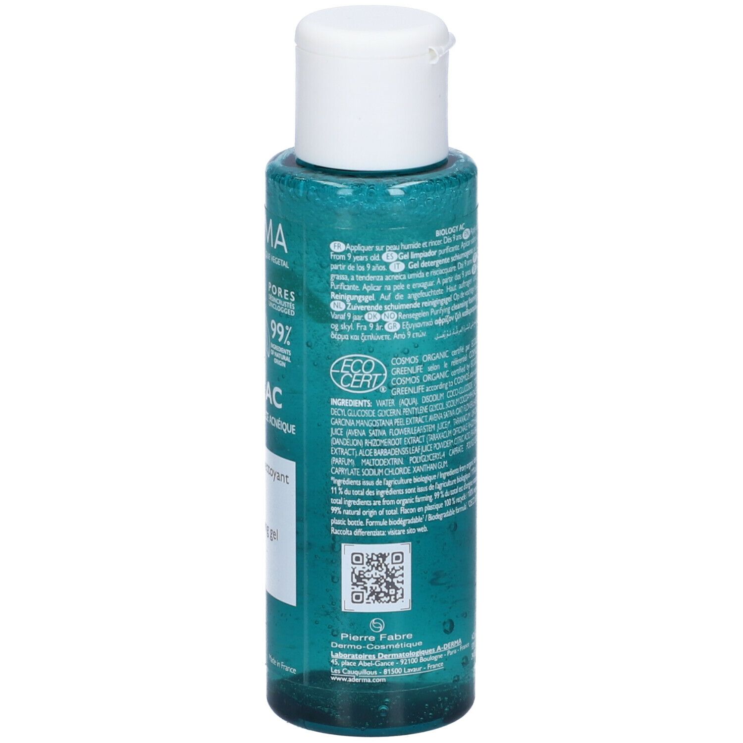 A-Derma Biology AC Gel Detergente. Retro del flacone con informazioni sul prodotto, certificazioni e codice QR. Gel verde.