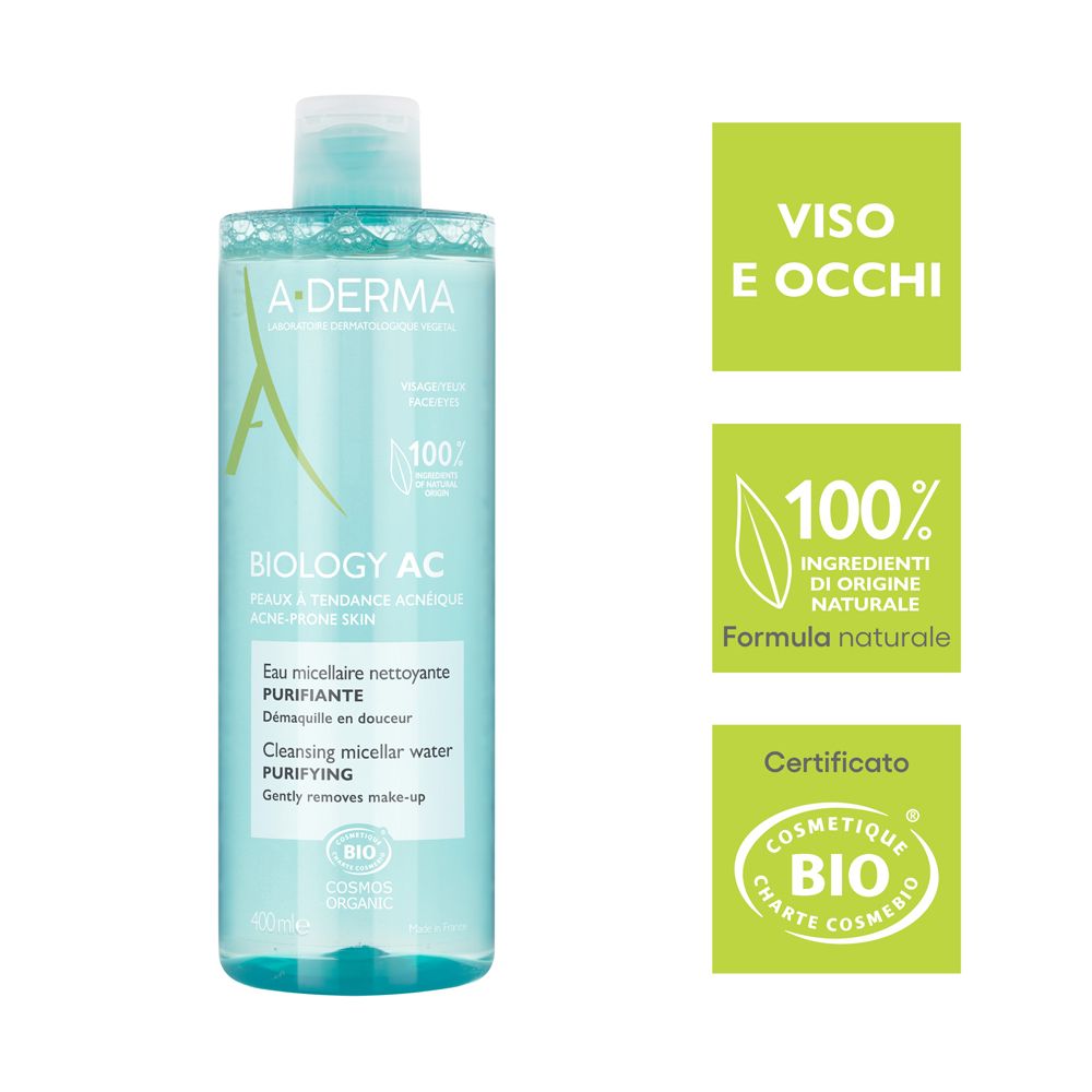 A-Derma Biology AC Mizellenwasser zur Reinigung, 400ml. Für unreine Haut. Bio-zertifiziert.
